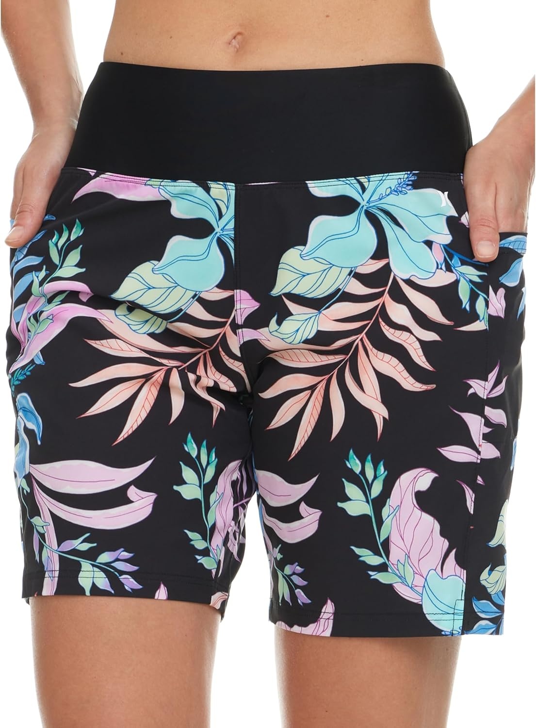 Hurley 5″/7″ High Waisted Swim Shorts Women, Board Shorts with Pockets & Inner Liner, Quick Dry Swim Trunk, UPF 50+(Black Multi)