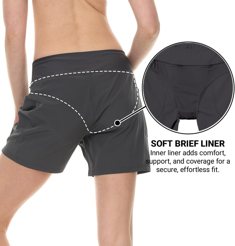 Hurley 5″/7″ High Waisted Swim Shorts Women, Board Shorts with Pockets & Inner Liner, Quick Dry Swim Trunk, UPF 50+(Charcoal)