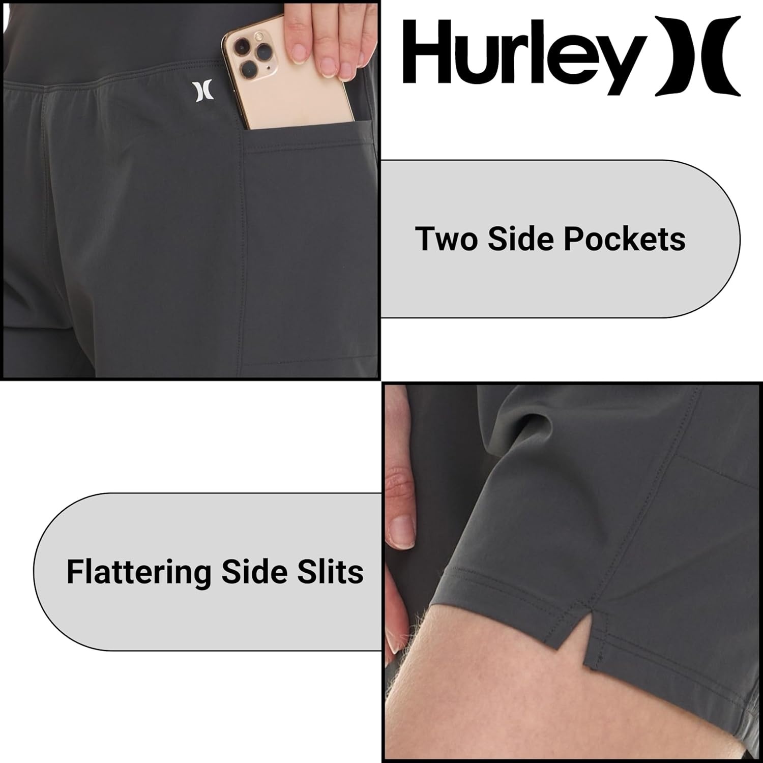 Hurley 5″/7″ High Waisted Swim Shorts Women, Board Shorts with Pockets & Inner Liner, Quick Dry Swim Trunk, UPF 50+(Charcoal)