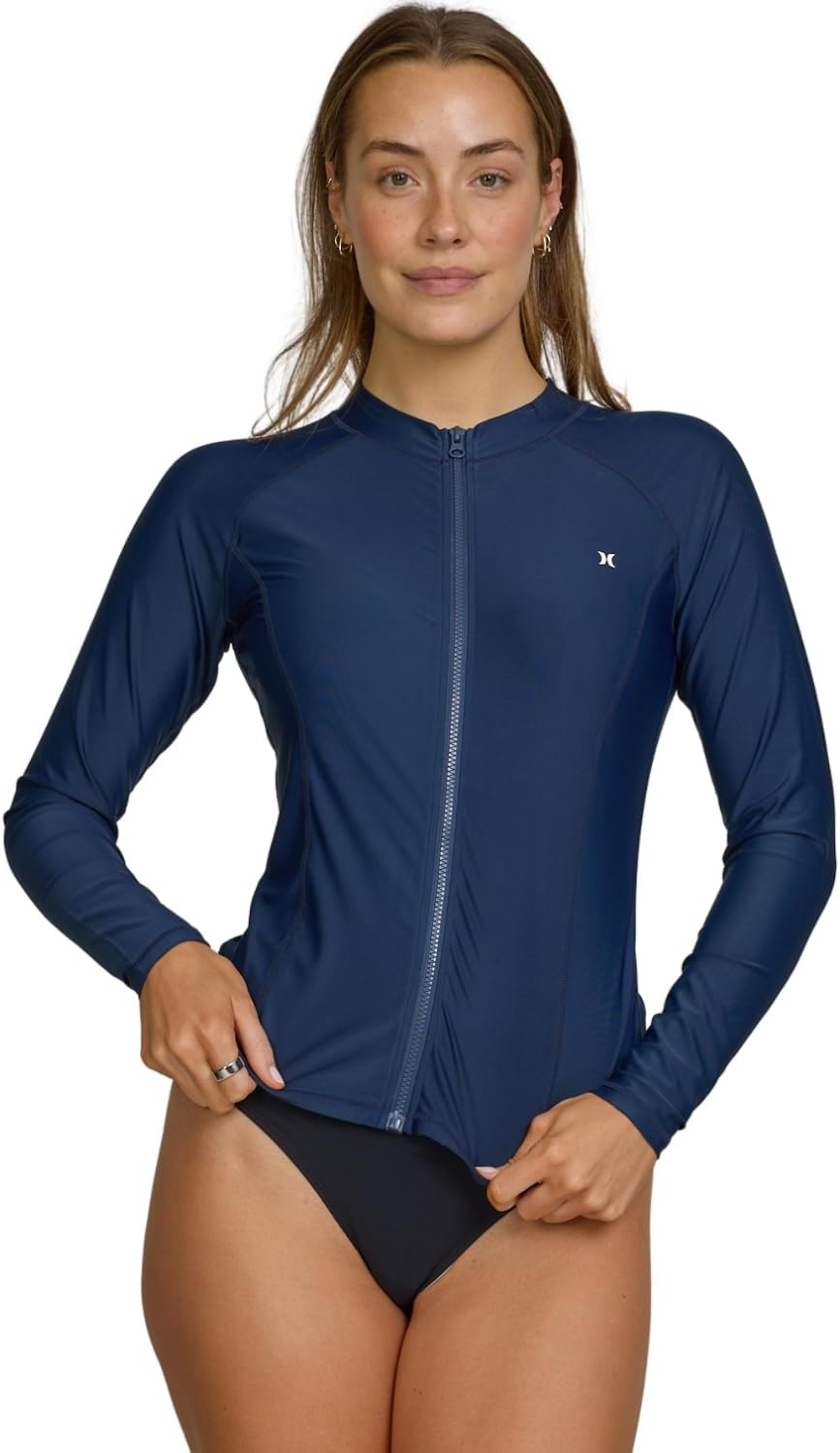 Hurley Rash Guard for Women Full Zip, Zip Up Long Sleeve Swim Shirts for Women, Surfing Top UPF 50+ SPF Sun & UV Protection(Blue Cove)