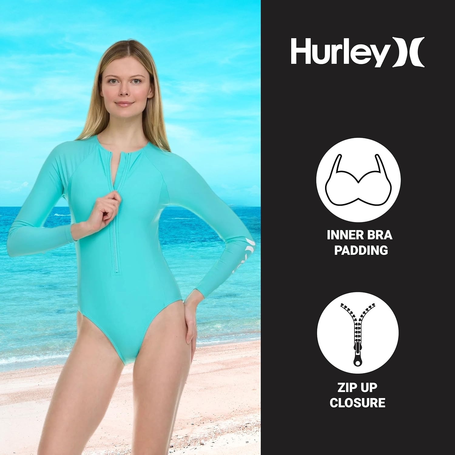 Hurley Long Sleeve Womens One Piece Swimsuits, Swimsuit for Women, Bathing Suit for Women, Swim Suit UPF 50+ SPF UV Protected(Turquoise)