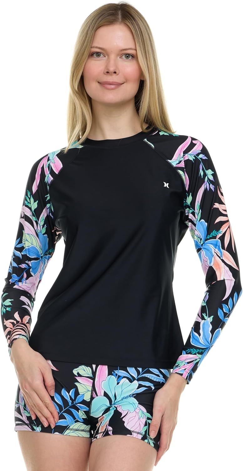 Hurley Womens Two Piece Rash Guard & Swim Shorts, Long Sleeve Swim Shirt, Quick Dry Swimsuits UPF 50+ SPF Sun & UV Protection(Black Multi)