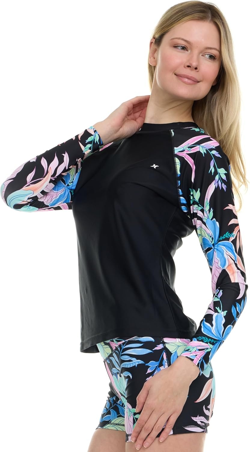 Hurley Womens Two Piece Rash Guard & Swim Shorts, Long Sleeve Swim Shirt, Quick Dry Swimsuits UPF 50+ SPF Sun & UV Protection(Black Multi)