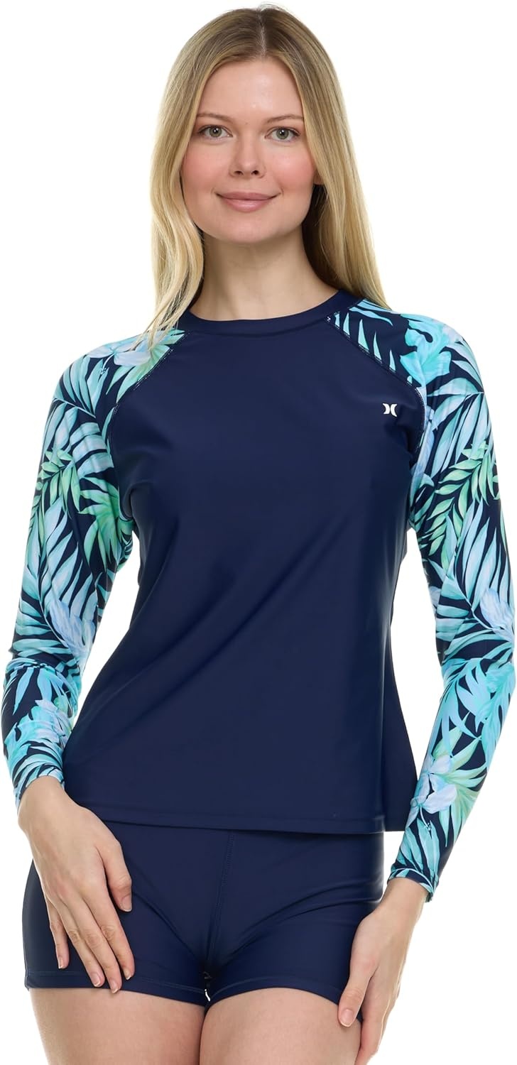 Hurley Womens Two Piece Rash Guard & Swim Shorts, Long Sleeve Swim Shirt, Quick Dry Swimsuits UPF 50+ SPF Sun & UV Protection(Navy/Tropic)