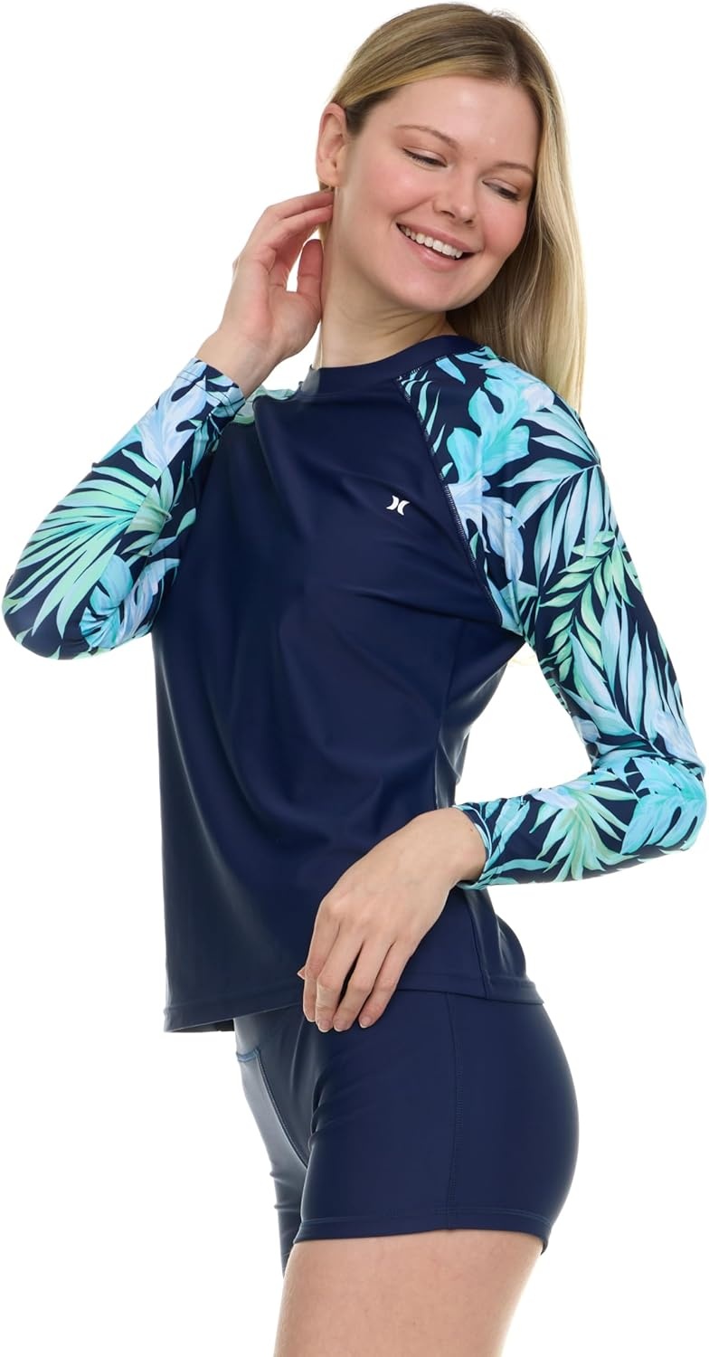 Hurley Womens Two Piece Rash Guard & Swim Shorts, Long Sleeve Swim Shirt, Quick Dry Swimsuits UPF 50+ SPF Sun & UV Protection(Navy/Tropic)