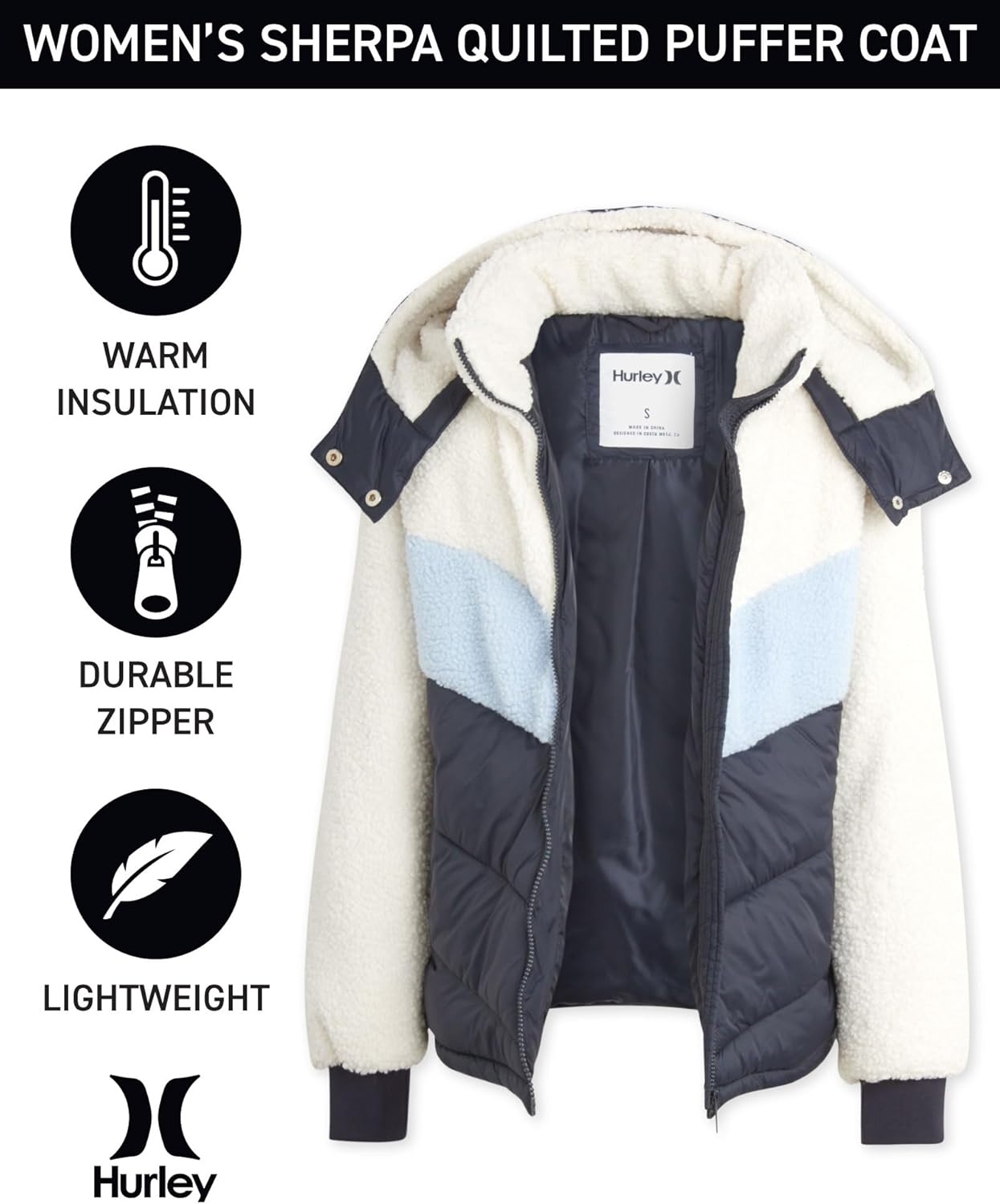Hurley Women’s Jacket – Quilted Puffer Coat with Sherpa – Winter Jacket for Women (S-XL)