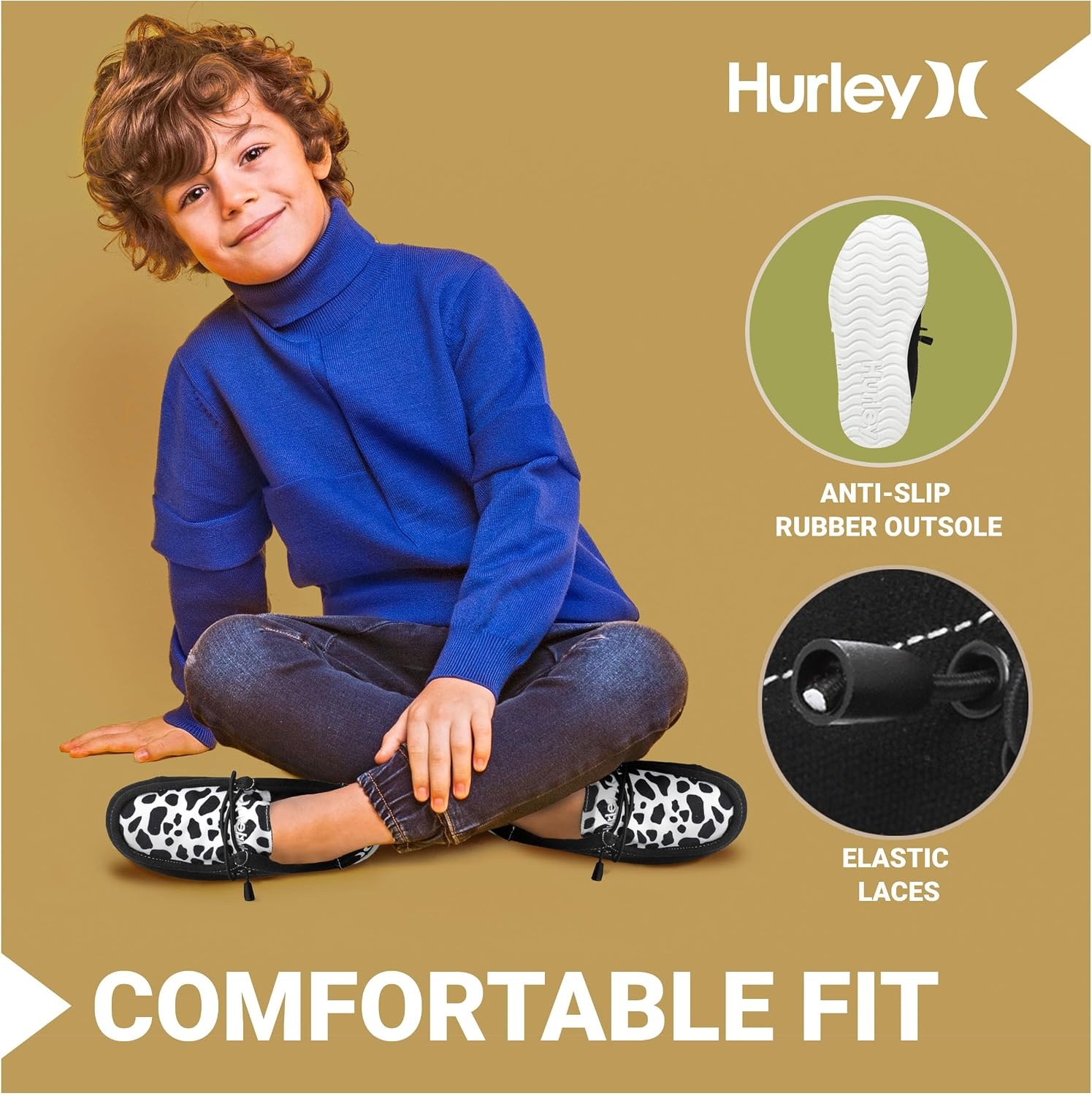 Hurley Kids Elastic Lace Loafers, Canvas Shoes for Boys & Girls – Comfortable, Durable, Stylish – Kid’s Fashion Sneakers, Wide Toe Shoes for Everyday Wear(Black Cow)