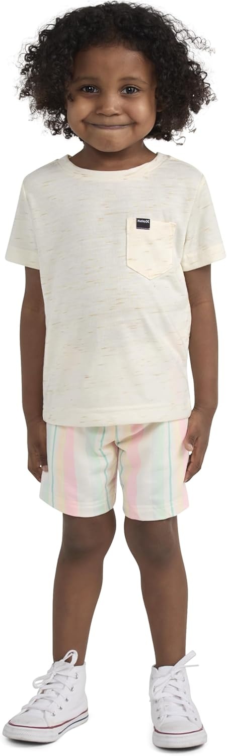 Hurley Baby and Toddler Boys’ Soft Basic Cloud Slub T-Shirt and Shorts 2-Piece Outfit Set(Pale Ivory/Multi Stripe)
