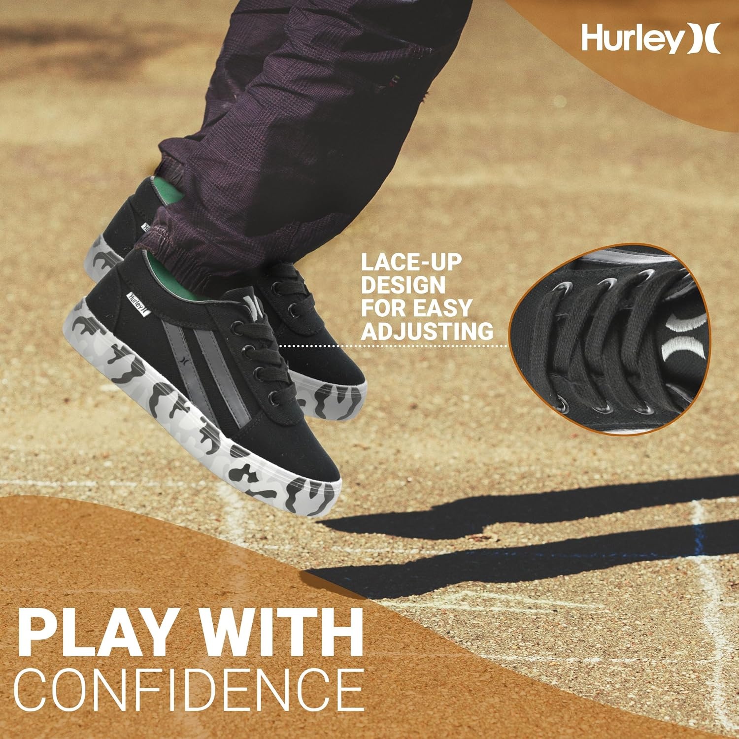 Hurley Boardy Kids Lace Up Canvas Sneakers – Low Cut Skateboarding Shoes for Kids, Sports Shoes for Boys and Girls(Black Camo)