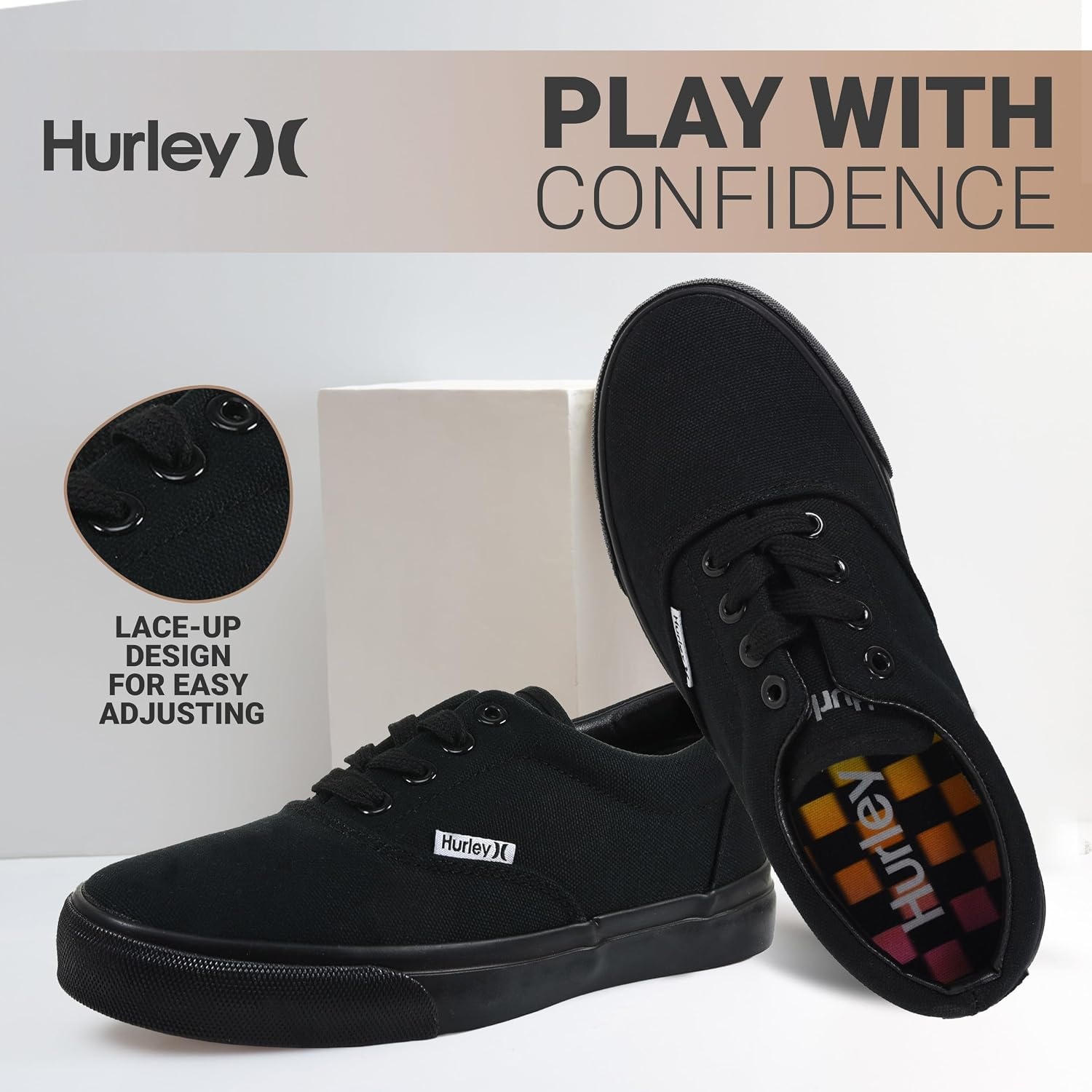 Hurley Marley Kids Lace Up Canvas Sneakers – Low Cut Skateboarding Shoes for Kids, Sports Shoes for Boys and Girls(Black)