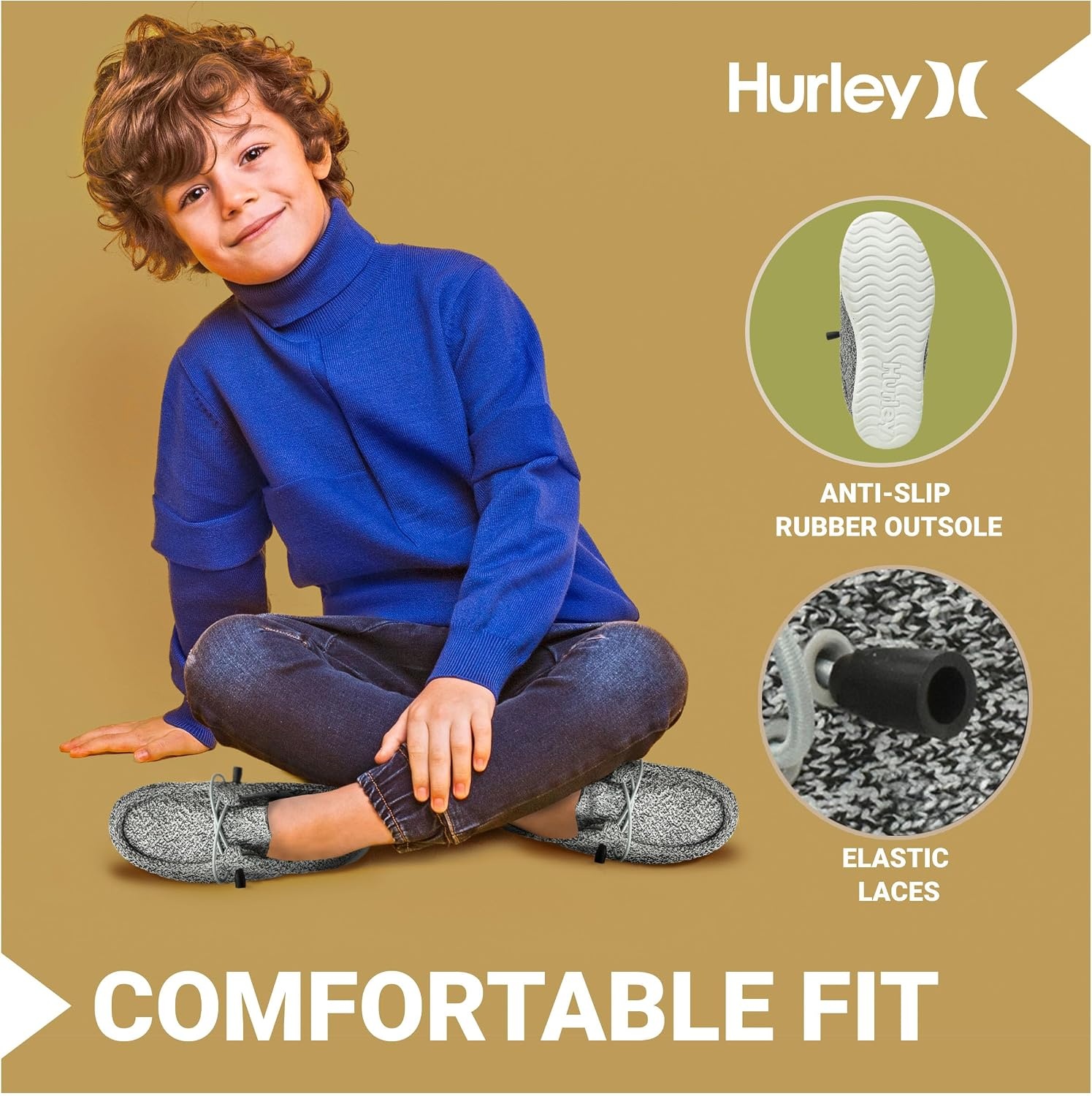 Hurley Kids Elastic Lace Loafers, Canvas Shoes for Boys & Girls – Comfortable, Durable, Stylish – Kid’s Fashion Sneakers, Wide Toe Shoes for Everyday Wear(Grey Black Multi)