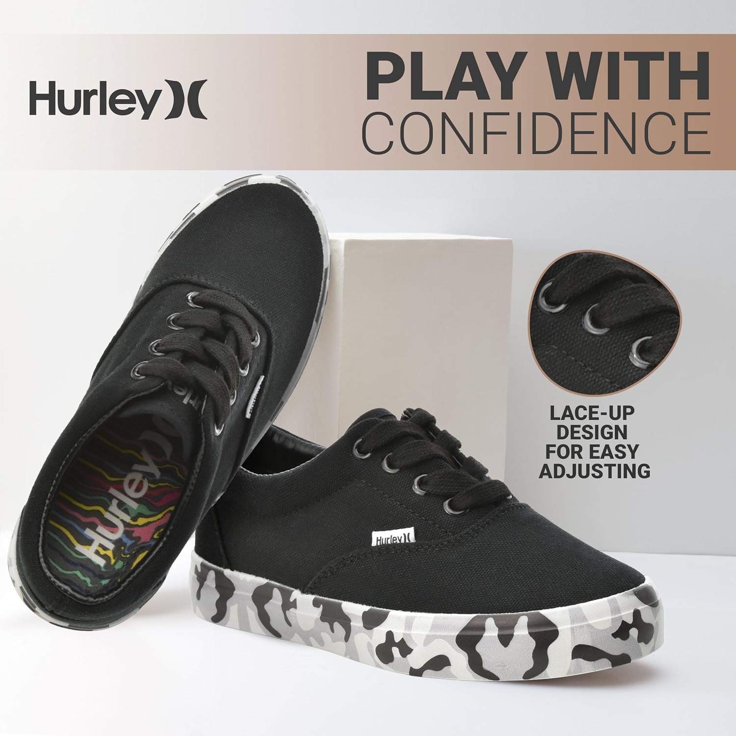 Hurley Marley Kids Lace Up Canvas Sneakers – Low Cut Skateboarding Shoes for Kids, Sports Shoes for Boys and Girls(Black Camo)