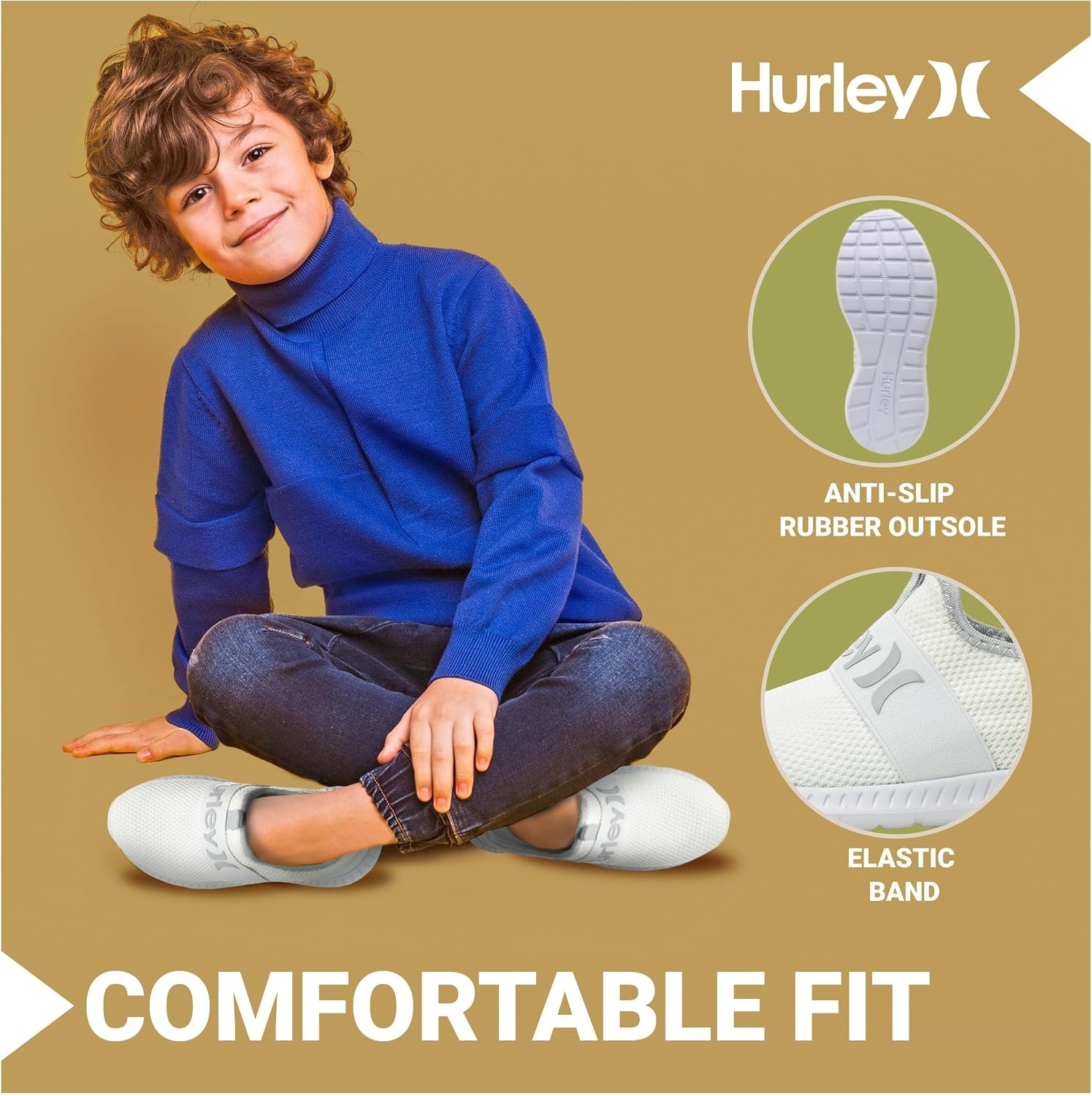 Hurley Kids Camby Lightweight Slip-on Sneakers, Walking, Basketball, Tennis, Running Shoes for Kids, Breathable Slip On Sports Shoes for Boys & Girls, with Padded Insole & Non-Slip Rubber Outsole(White/Grey)