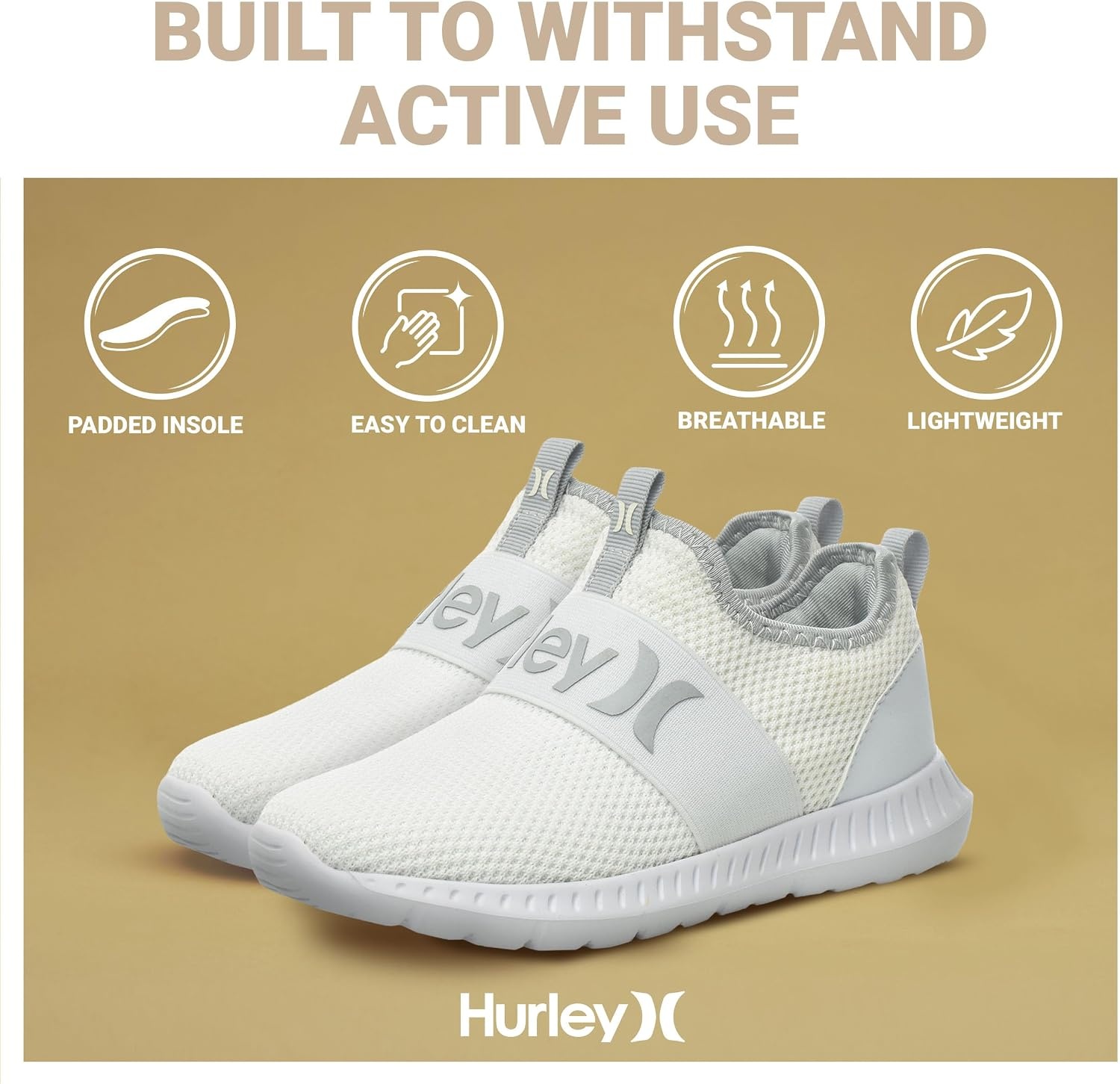 Hurley Kids Camby Lightweight Slip-on Sneakers, Walking, Basketball, Tennis, Running Shoes for Kids, Breathable Slip On Sports Shoes for Boys & Girls, with Padded Insole & Non-Slip Rubber Outsole(White/Grey)