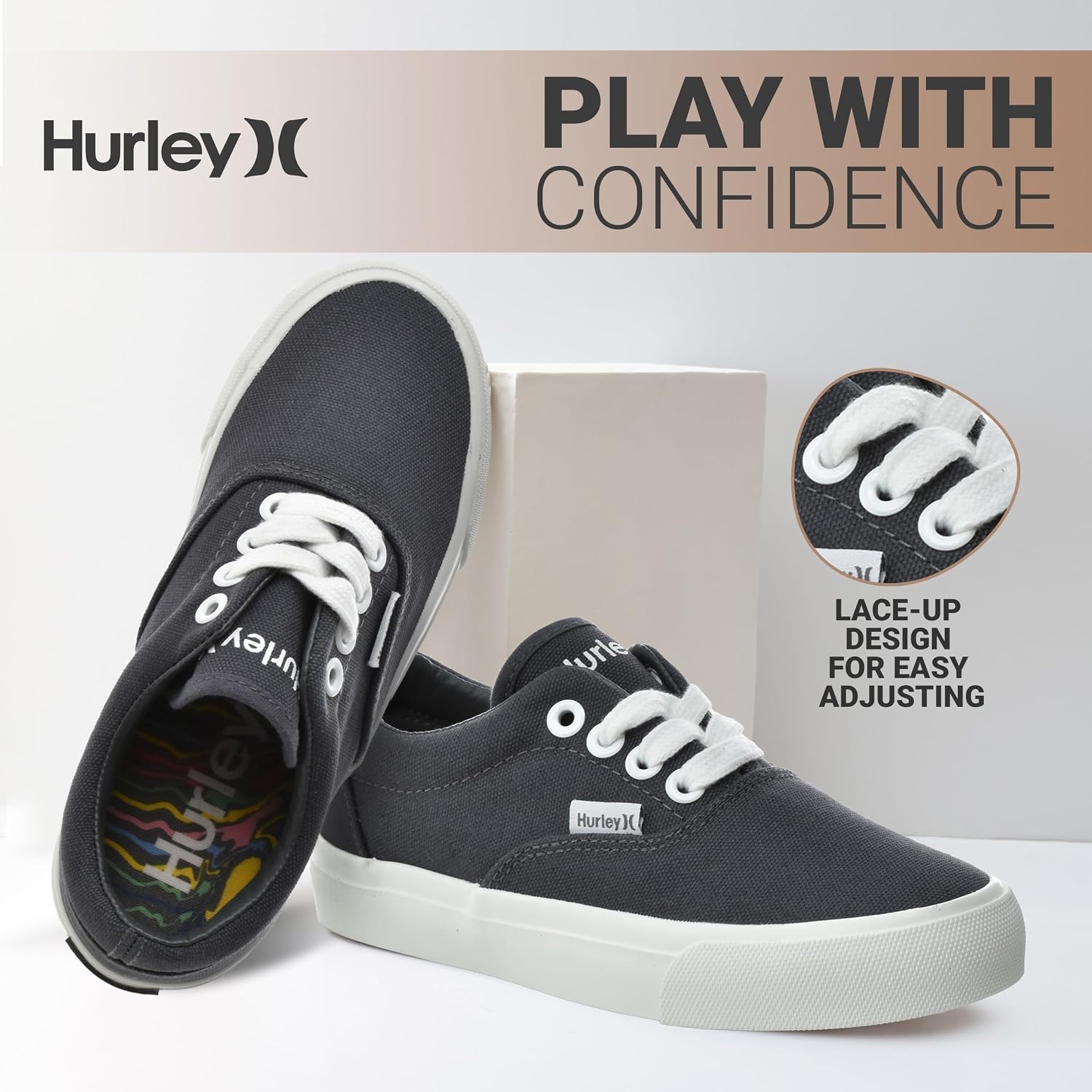 Hurley Marley Kids Lace Up Canvas Sneakers – Low Cut Skateboarding Shoes for Kids, Sports Shoes for Boys and Girls(Charcoal/White)