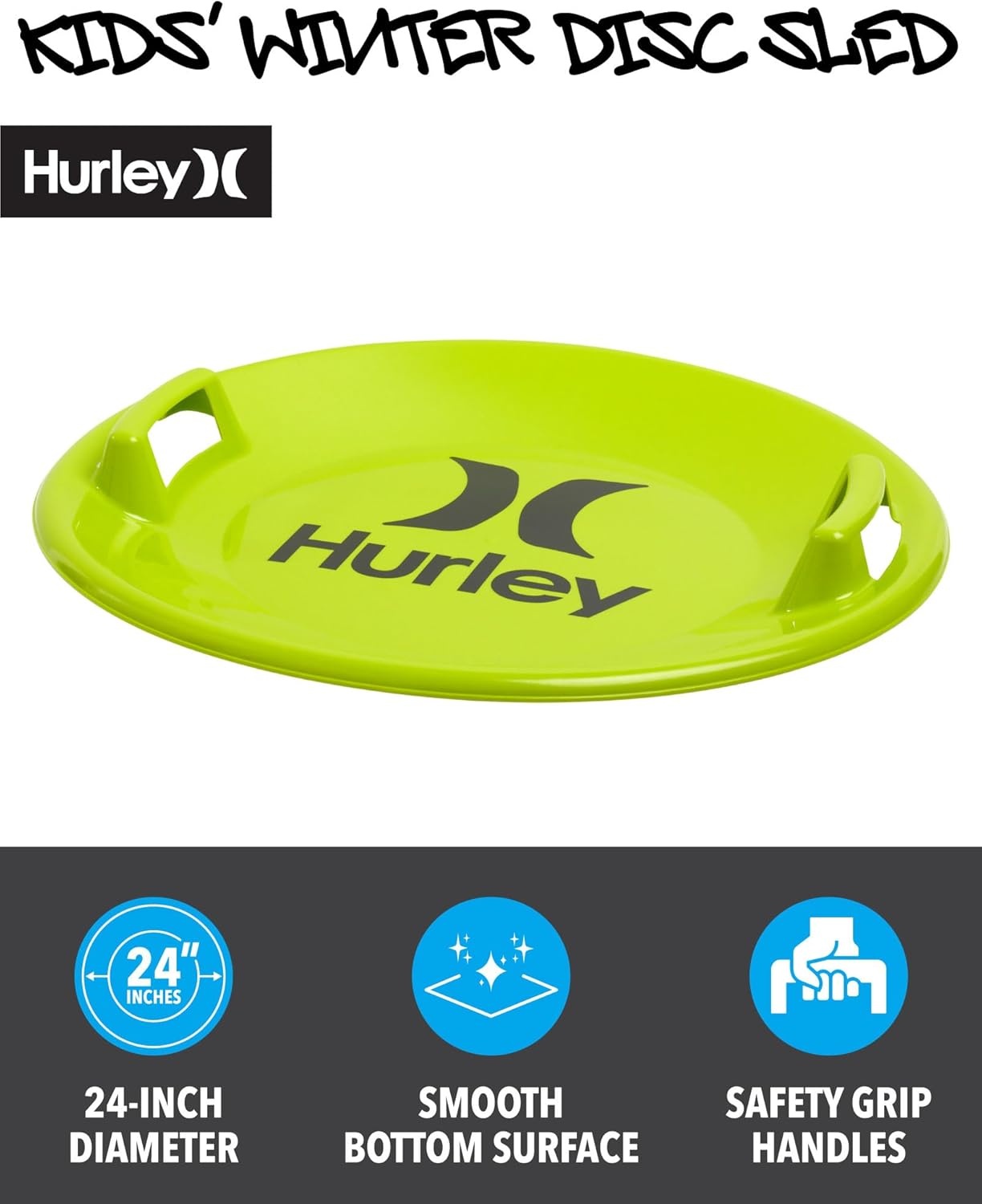 Hurley Winter Disc Sled – Cold-Resistant Heavy Duty Plastic Outdoor Snow Saucer Sled with Grip Handles for Kids and Adults