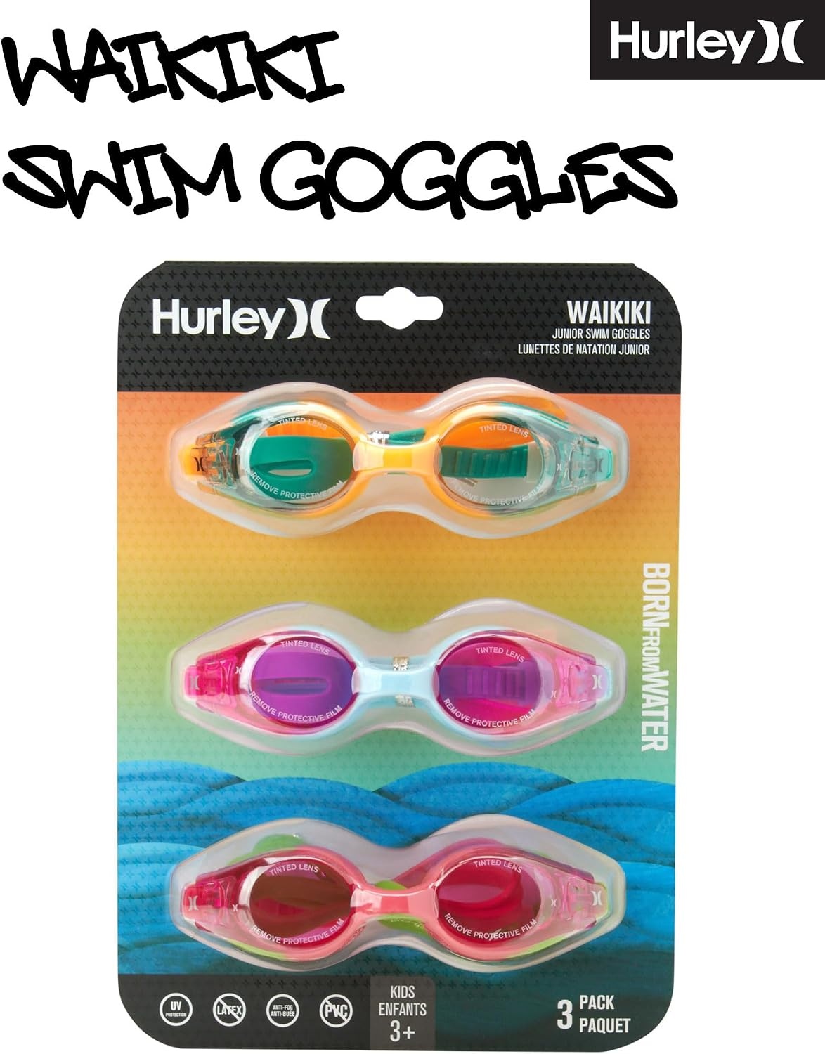 Hurley Kids Swim Goggles – 3 Pack UV Protection Anti-Fog Leak Proof Kids Goggles – Adjustable Wakiki Swimming Accessories(Teal Orange/Pink Blue/Hot Pink)