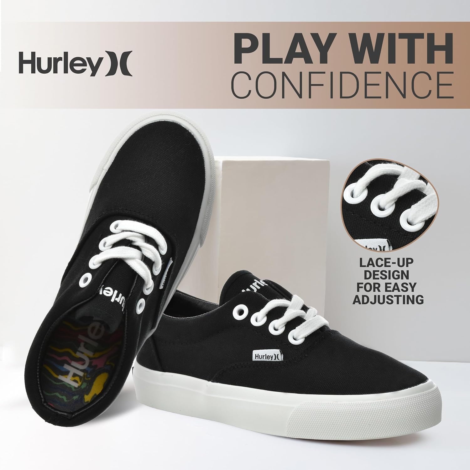 Hurley Marley Kids Lace Up Canvas Sneakers – Low Cut Skateboarding Shoes for Kids, Sports Shoes for Boys and Girls(Black/White)