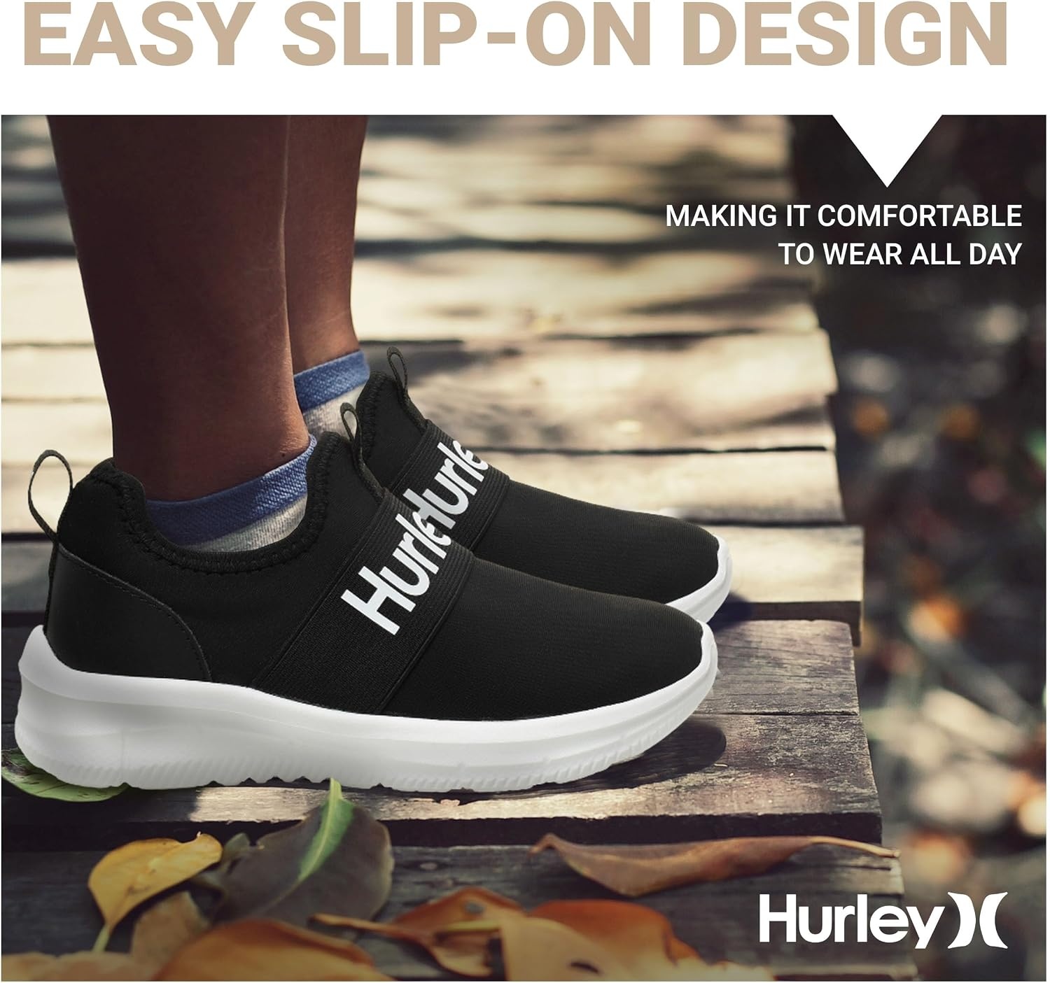 Hurley Kids Camby Lightweight Slip-on Sneakers, Walking, Basketball, Tennis, Running Shoes for Kids, Breathable Slip On Sports Shoes for Boys & Girls, with Padded Insole & Non-Slip Rubber Outsole(Black)