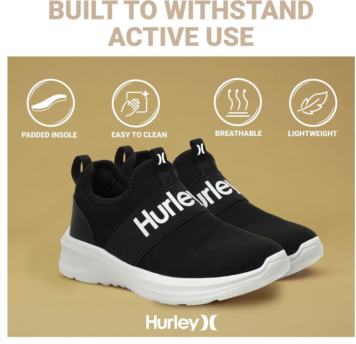 Hurley Kids Camby Lightweight Slip-on Sneakers, Walking, Basketball, Tennis, Running Shoes for Kids, Breathable Slip On Sports Shoes for Boys & Girls, with Padded Insole & Non-Slip Rubber Outsole(Black)