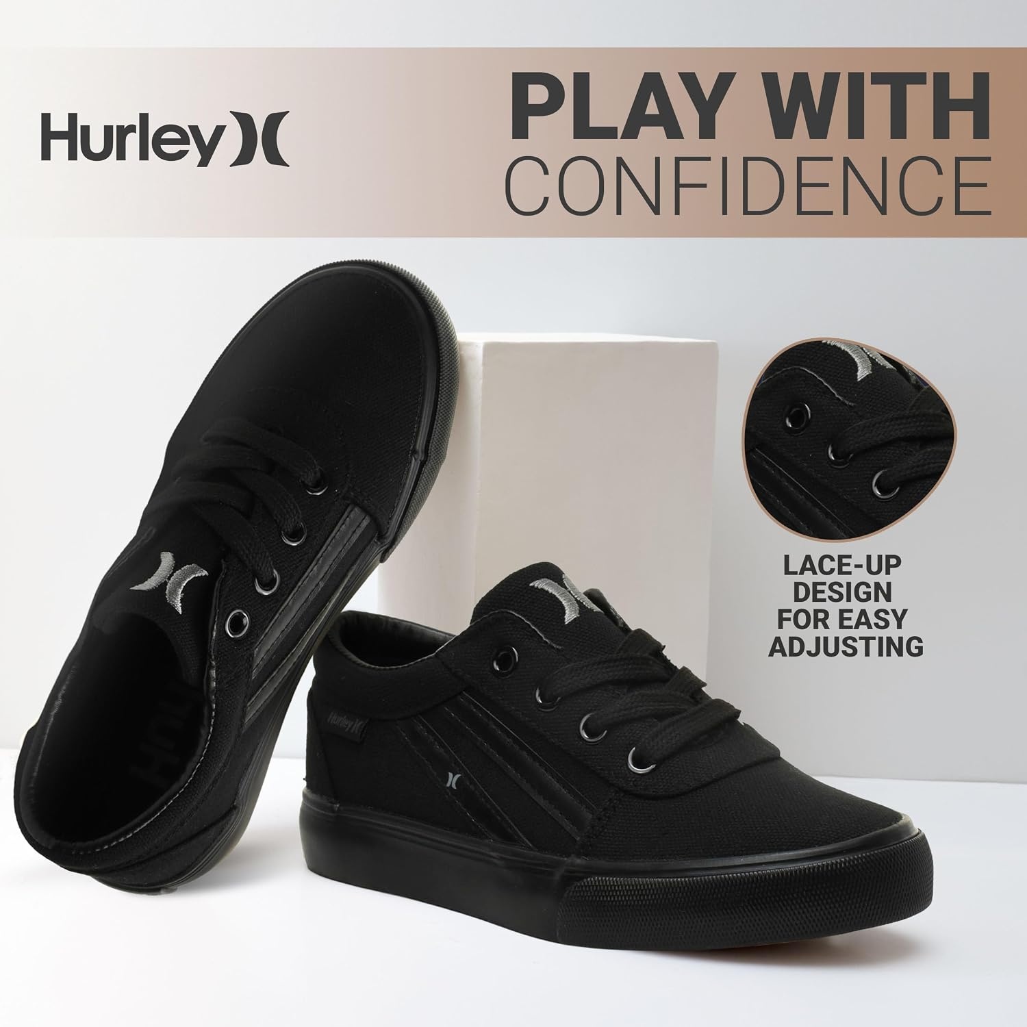 Hurley Boardy Kids Lace Up Canvas Sneakers – Low Cut Skateboarding Shoes for Kids, Sports Shoes for Boys and Girls(Black)