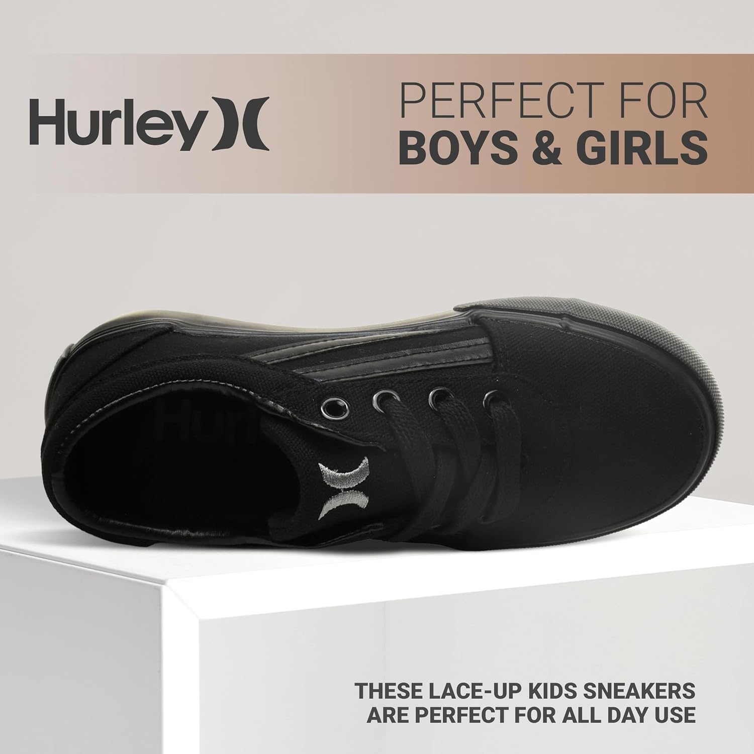 Hurley Boardy Kids Lace Up Canvas Sneakers – Low Cut Skateboarding Shoes for Kids, Sports Shoes for Boys and Girls(Black)