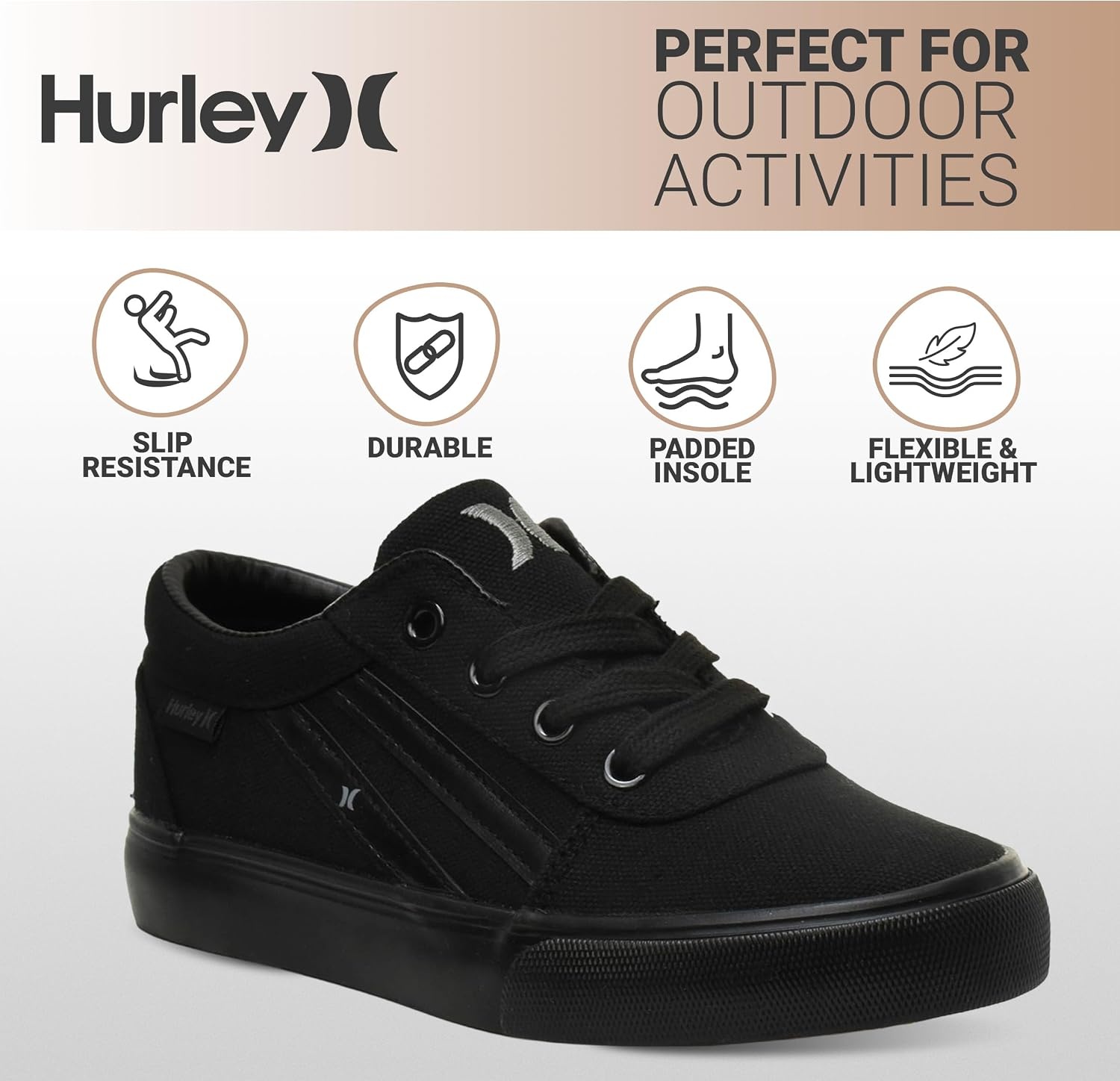 Hurley Boardy Kids Lace Up Canvas Sneakers – Low Cut Skateboarding Shoes for Kids, Sports Shoes for Boys and Girls(Black)