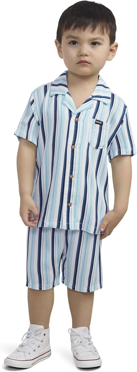 Hurley Baby and Toddler Boys’ Short Sleeve Button Up Shirt and Shorts 2-Piece Outfit Set(Dutch Blue Stripe)