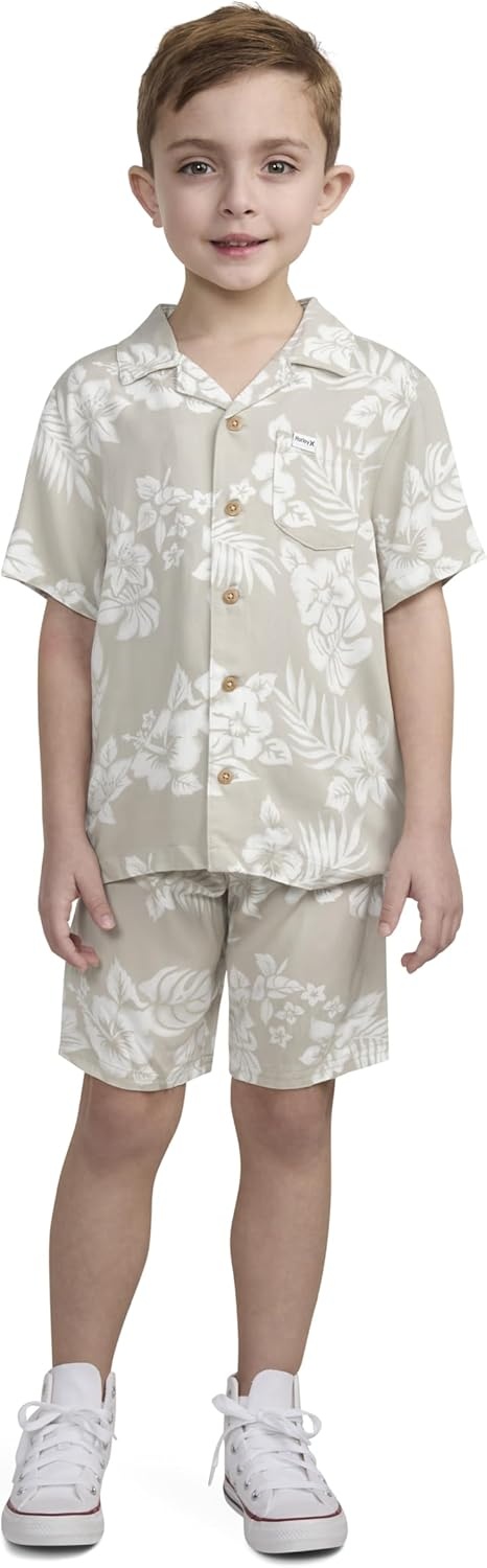 Hurley Baby and Toddler Boys’ Short Sleeve Button Up Shirt and Shorts 2-Piece Outfit Set(Rattan/White)