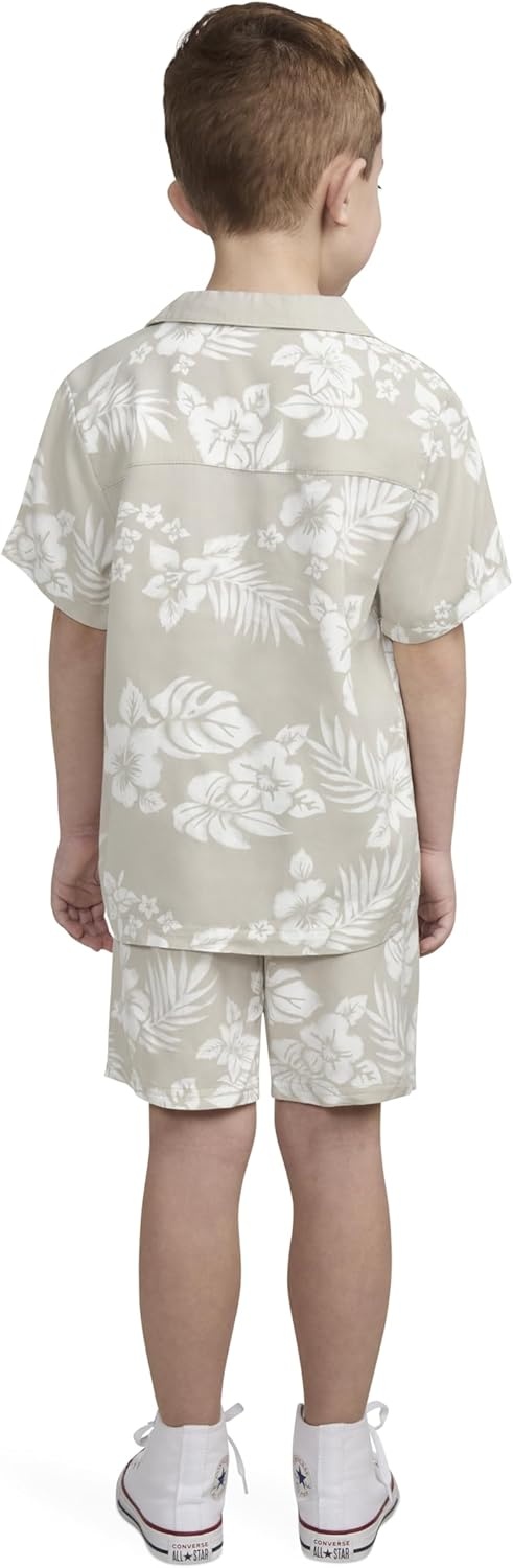 Hurley Baby and Toddler Boys’ Short Sleeve Button Up Shirt and Shorts 2-Piece Outfit Set(Rattan/White)