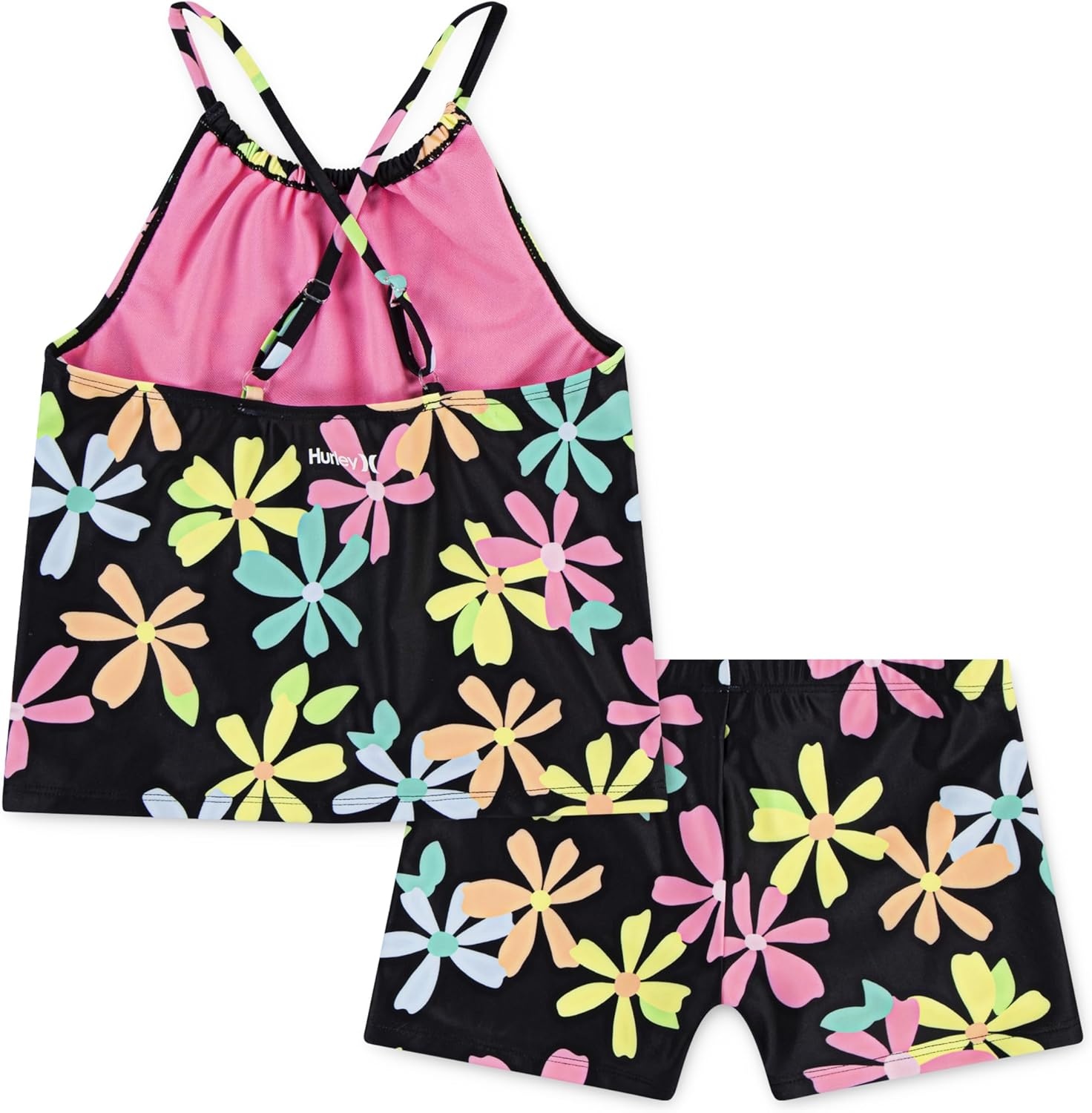 Hurley Girls’ Boyshort Tankini 2-piece Swimsuit(Black/Multi Floral)