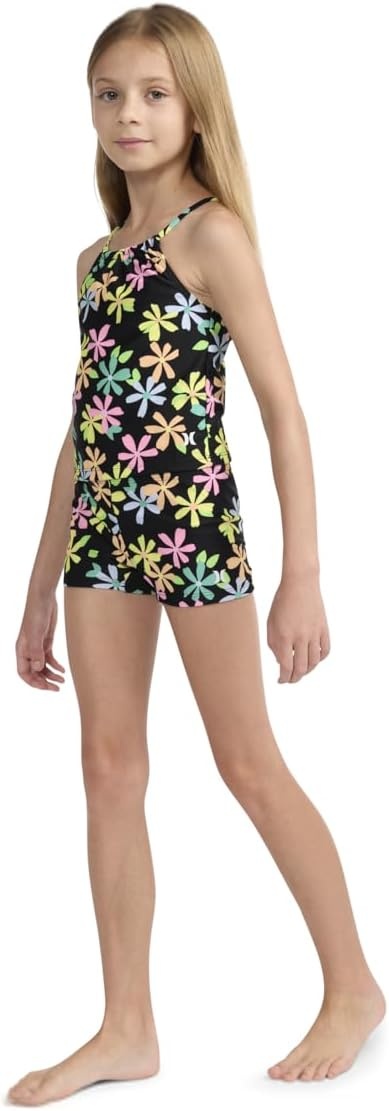 Hurley Girls’ Boyshort Tankini 2-piece Swimsuit(Black/Multi Floral)