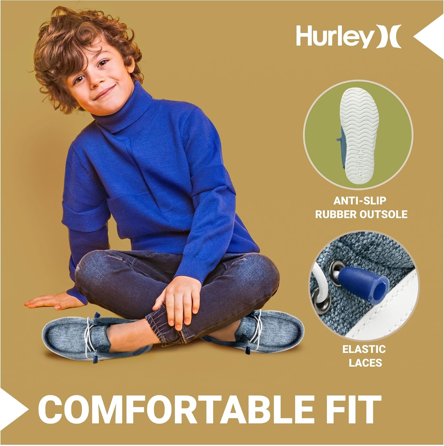 Hurley Kids Elastic Lace Loafers, Canvas Shoes for Boys & Girls – Comfortable, Durable, Stylish – Kid’s Fashion Sneakers, Wide Toe Shoes for Everyday Wear(Blue Multi)