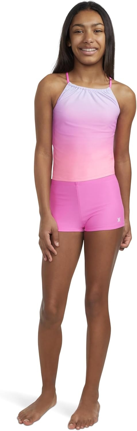 Hurley Girls’ Boyshort Tankini 2-piece Swimsuit(China Rose/Boyshort)