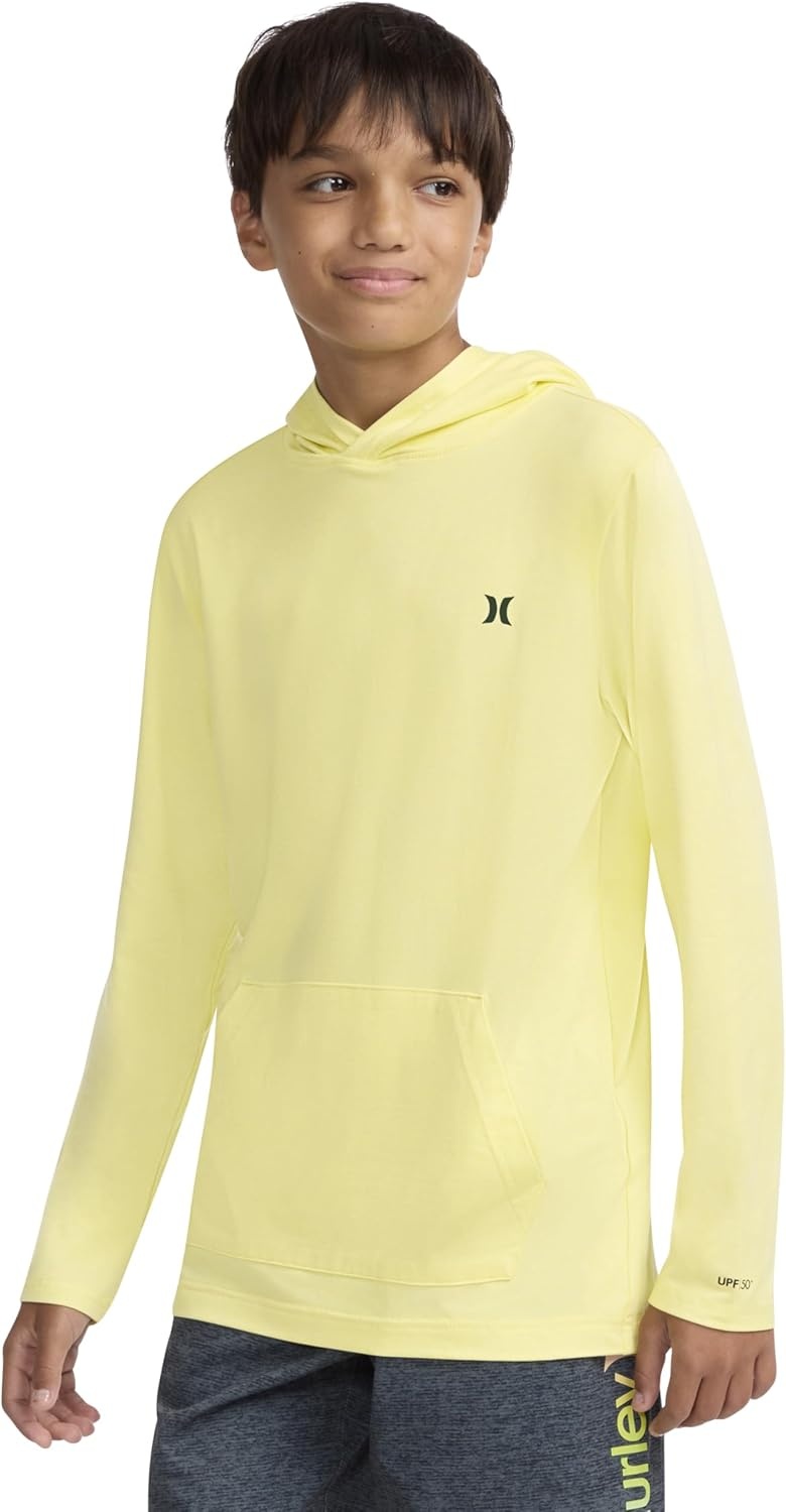 Hurley Boys’ Long Sleeve Hooded UPF 50+ Rash Guard Swim Shirt(Heavenly Yellow Heather)