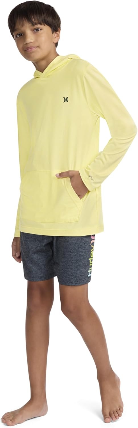 Hurley Boys’ Long Sleeve Hooded UPF 50+ Rash Guard Swim Shirt(Heavenly Yellow Heather)