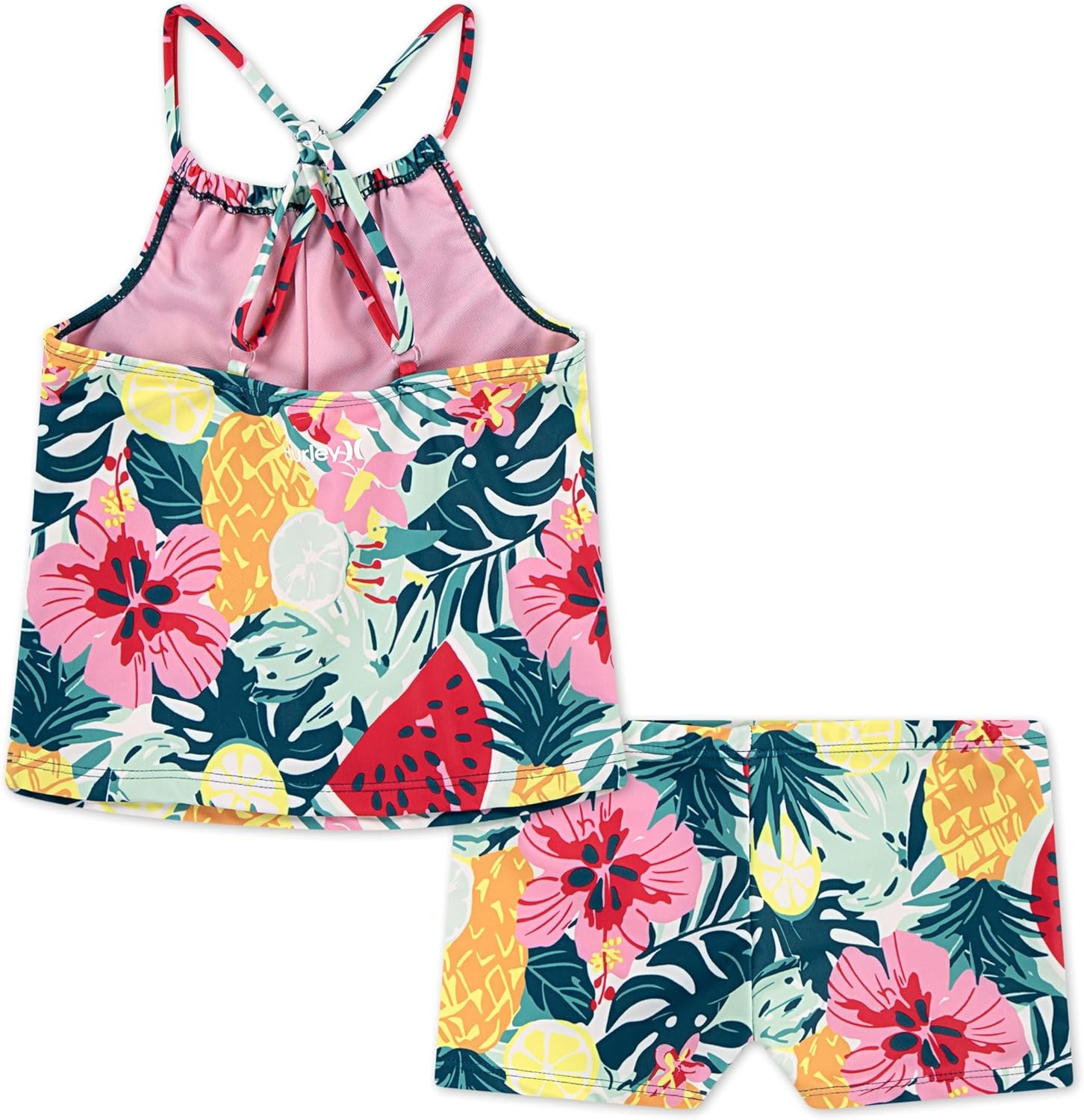 Hurley Girls’ Boyshort Tankini 2-piece Swimsuit(Pink/Fruits)
