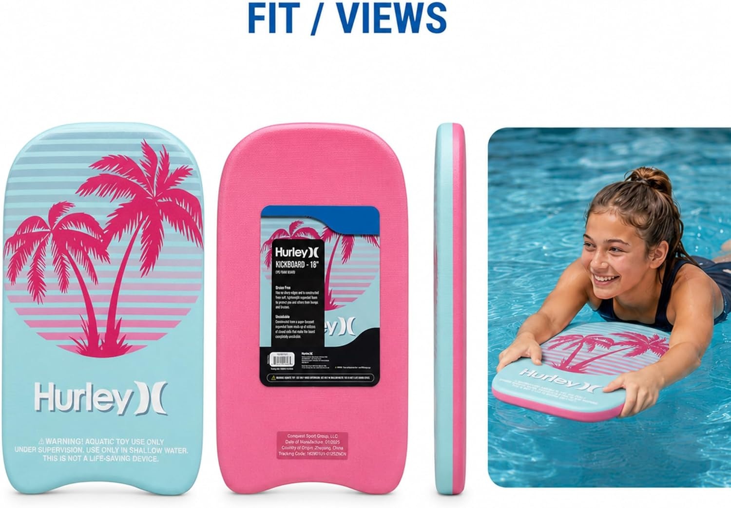 Hurley Kids Kickboard – Swim Training Kickboard for Kids, Swimming Pool Floats and Exercise Equipment for Boys and Girls (18 Inches)(Blue Palm/Pink)