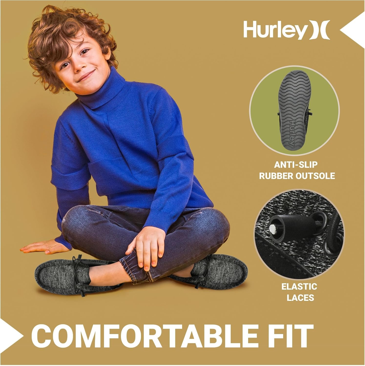 Hurley Kids Elastic Lace Loafers, Canvas Shoes for Boys & Girls – Comfortable, Durable, Stylish – Kid’s Fashion Sneakers, Wide Toe Shoes for Everyday Wear(Charcoal/Black)