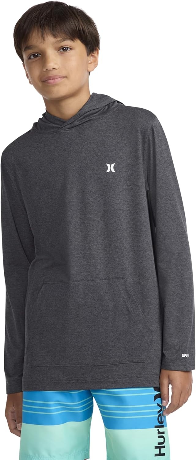 Hurley Boys’ Long Sleeve Hooded UPF 50+ Rash Guard Swim Shirt(Black Heather)