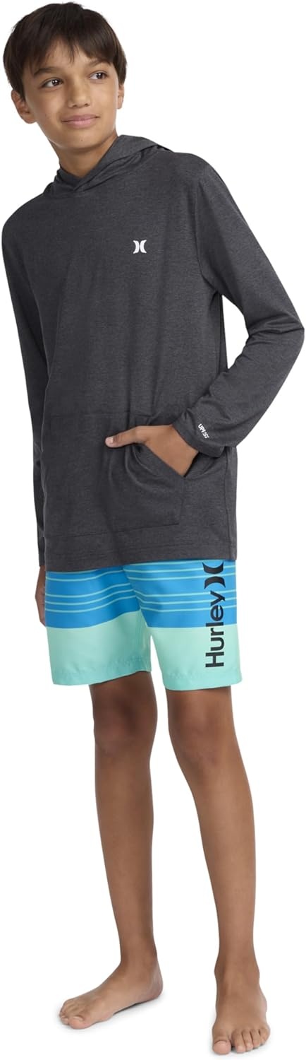 Hurley Boys’ Long Sleeve Hooded UPF 50+ Rash Guard Swim Shirt(Black Heather)