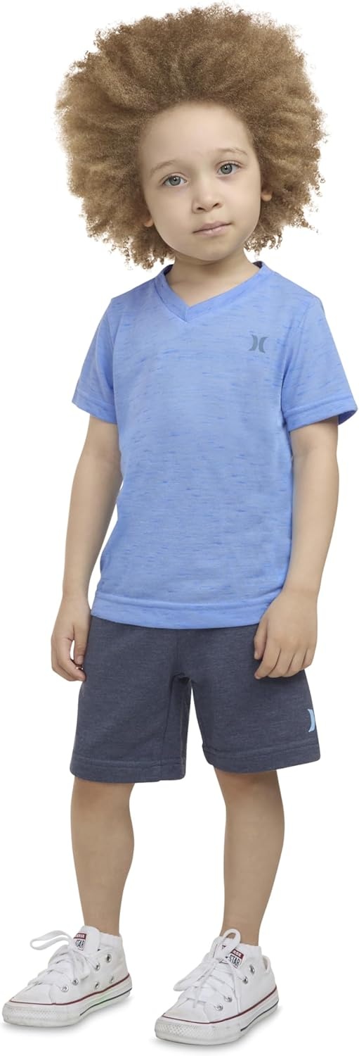 Hurley Baby and Toddler Boys’ Soft Basic Cloud Slub T-Shirt and Shorts 2-Piece Outfit Set(Light Blue)