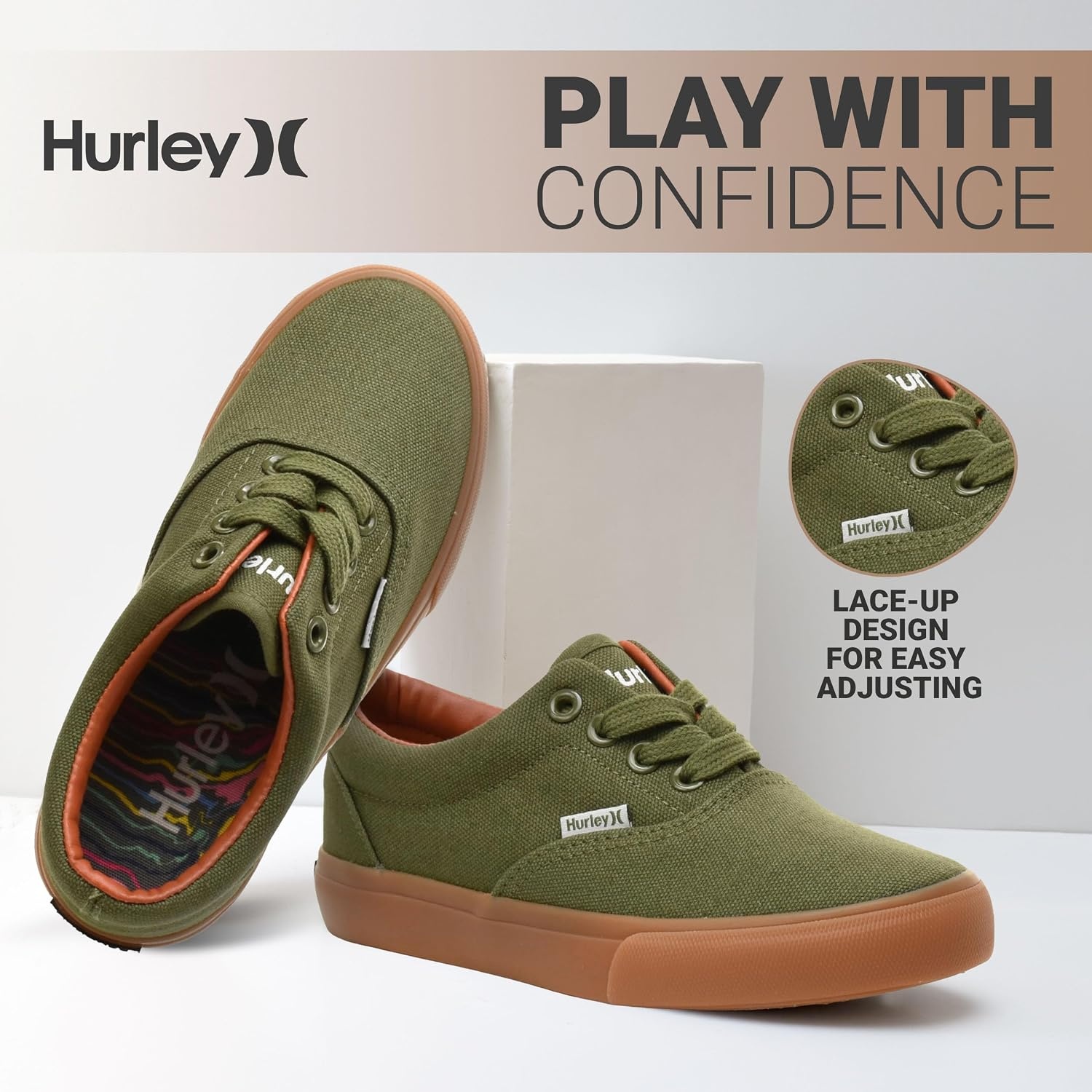 Hurley Marley Kids Lace Up Canvas Sneakers – Low Cut Skateboarding Shoes for Kids, Sports Shoes for Boys and Girls(Khaki/Tan)