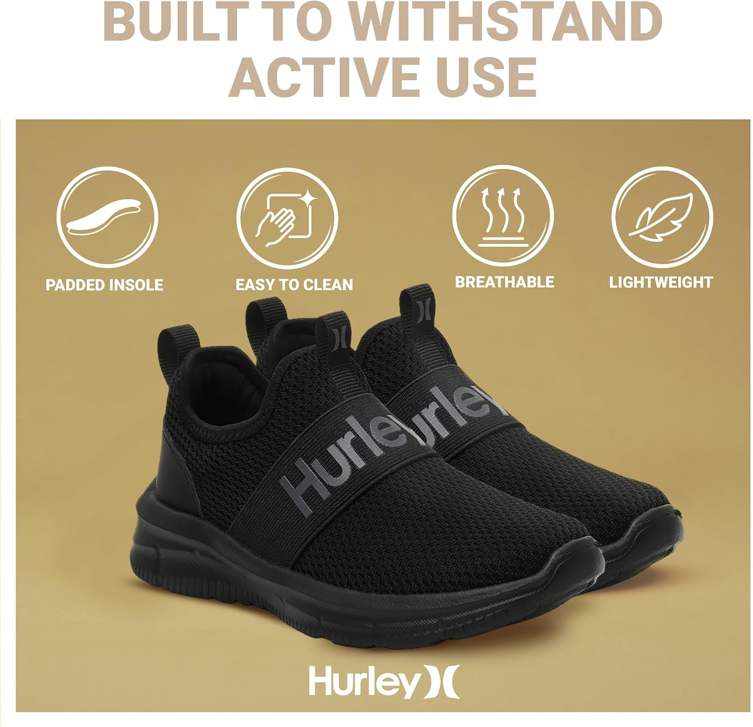 Hurley Kids Camby Lightweight Slip-on Sneakers, Walking, Basketball, Tennis, Running Shoes for Kids, Breathable Slip On Sports Shoes for Boys & Girls, with Padded Insole & Non-Slip Rubber Outsole(Black/Grey)