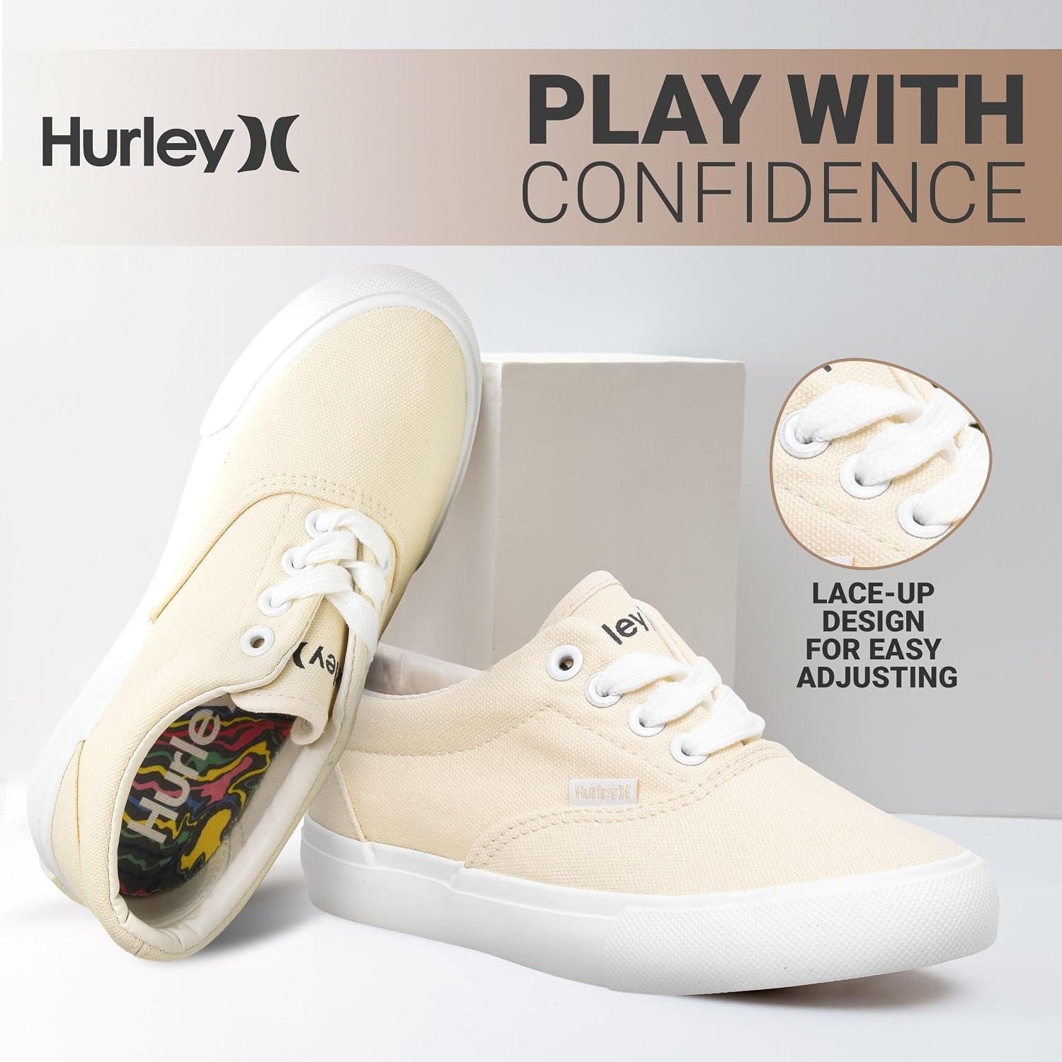 Hurley Marley Kids Lace Up Canvas Sneakers – Low Cut Skateboarding Shoes for Kids, Sports Shoes for Boys and Girls(Beige/White)