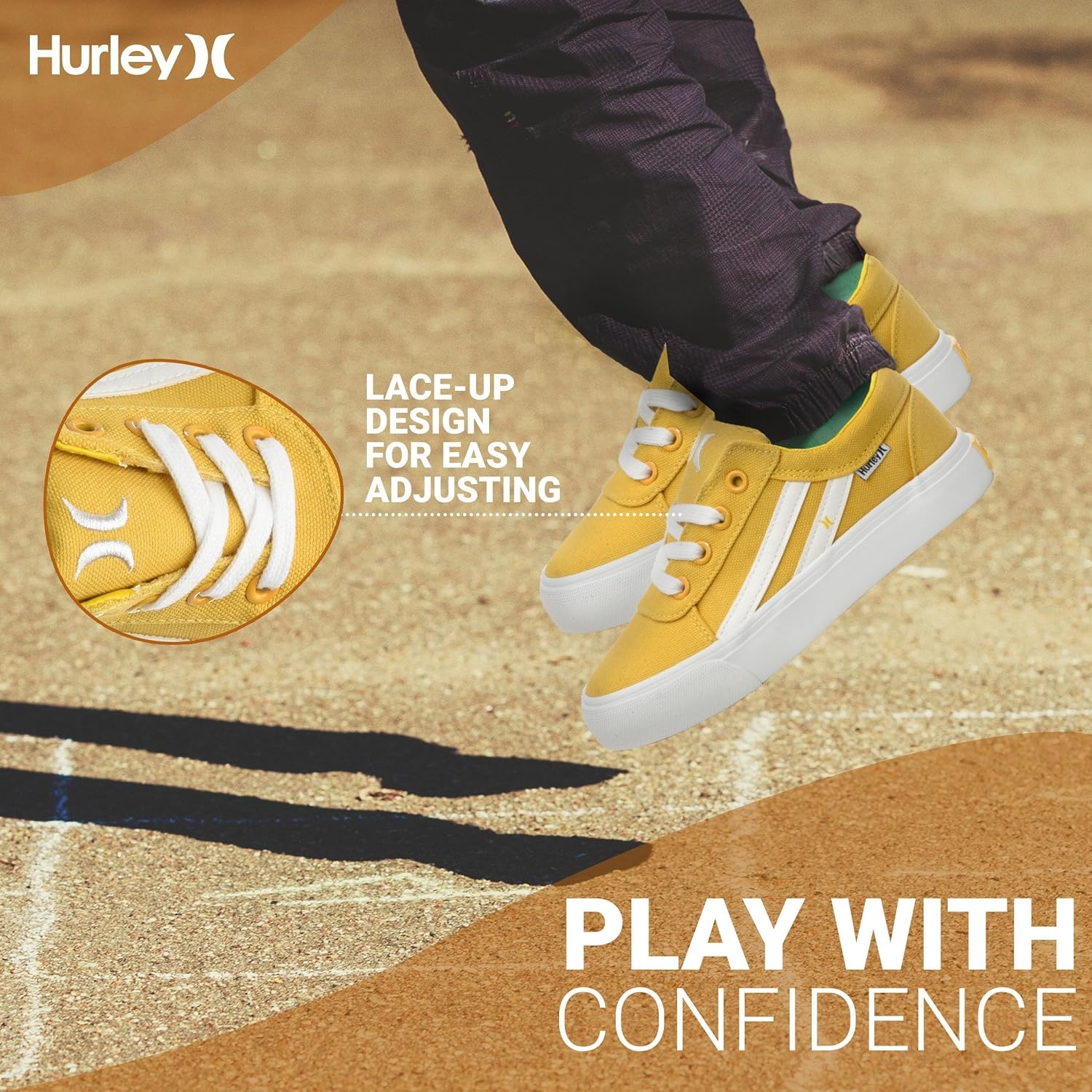 Hurley Boardy Kids Lace Up Canvas Sneakers – Low Cut Skateboarding Shoes for Kids, Sports Shoes for Boys and Girls(Mustard White)