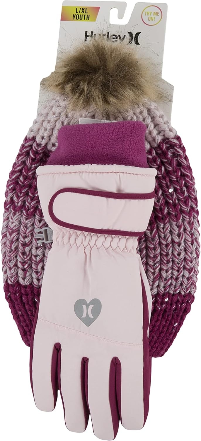 Hurley Kids’ Beanie and Glove Set(Arctic Pink)