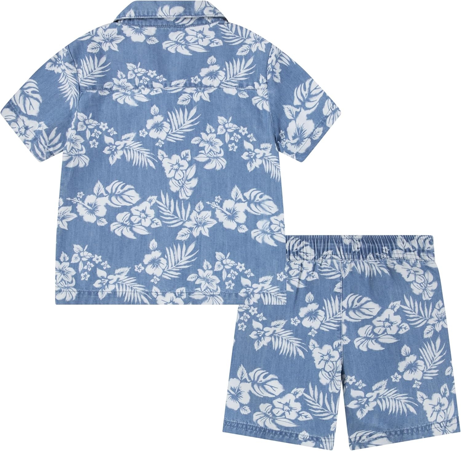 Hurley Baby and Toddler Boys’ Short Sleeve Button Up Shirt and Shorts 2-Piece Outfit Set(Light Chambray/White)