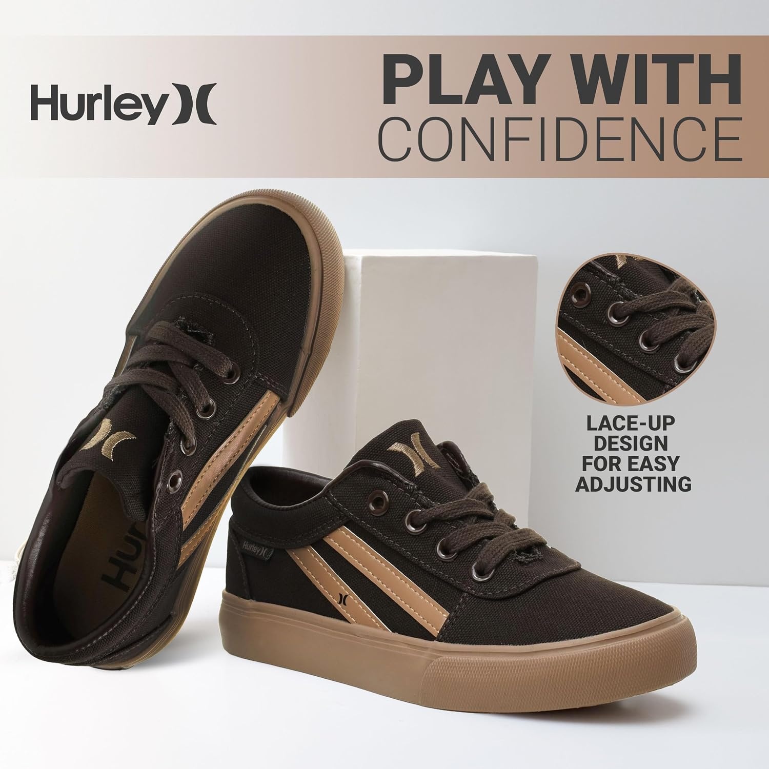 Hurley Boardy Kids Lace Up Canvas Sneakers – Low Cut Skateboarding Shoes for Kids, Sports Shoes for Boys and Girls(Brown/Gum)