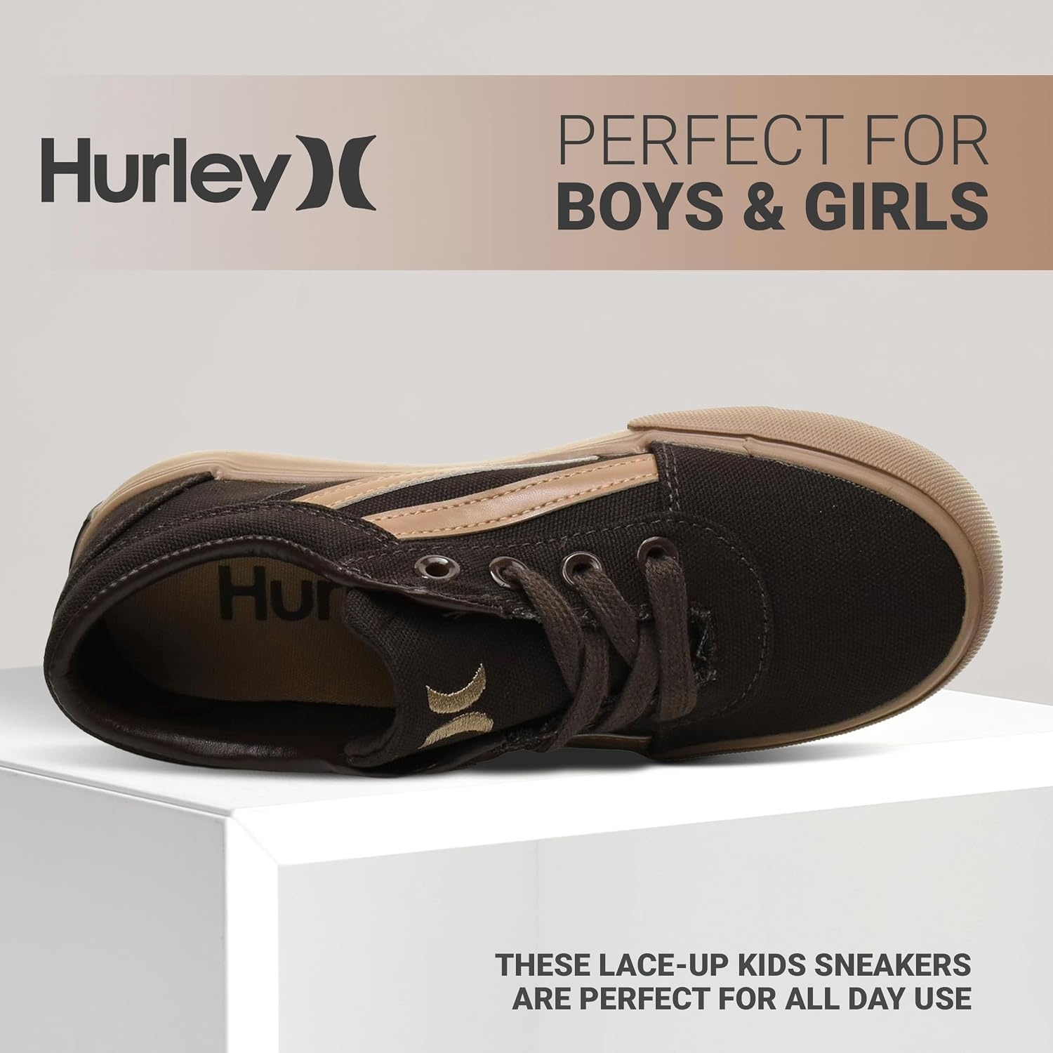Hurley Boardy Kids Lace Up Canvas Sneakers – Low Cut Skateboarding Shoes for Kids, Sports Shoes for Boys and Girls(Brown/Gum)